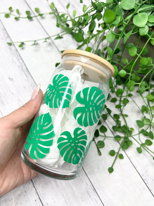 Coffee floral monstera beer can ice coffee glass cup 470ml 16oz bamboo lid and glass straw green leaves
