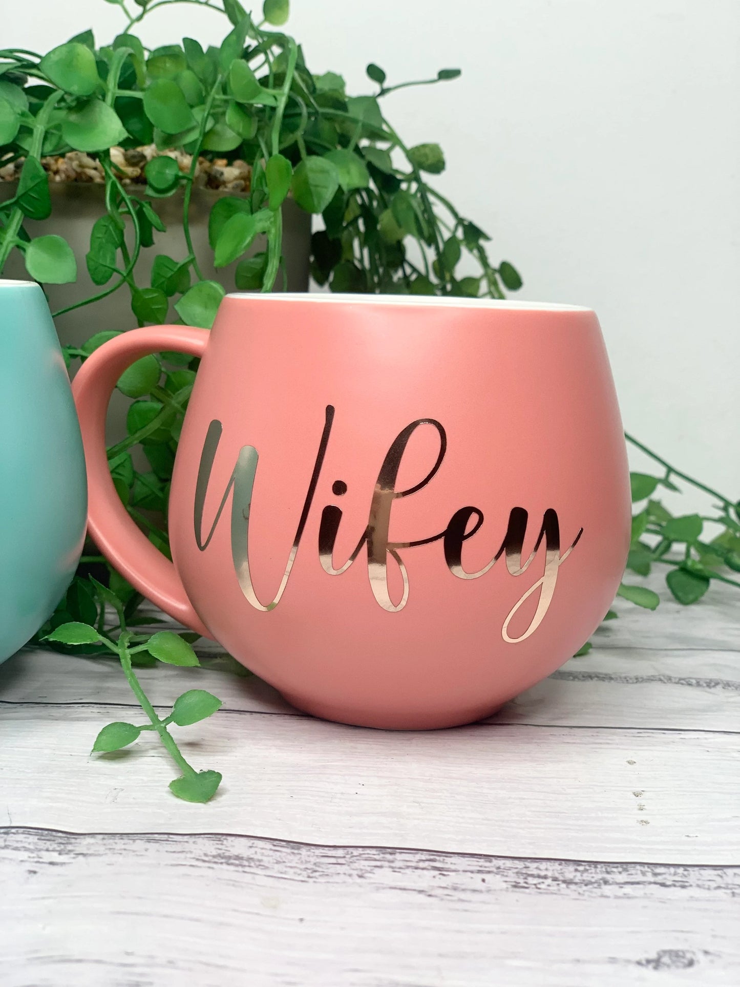 Hubby and wifey Coral and Aqua Hug mug set 450ml