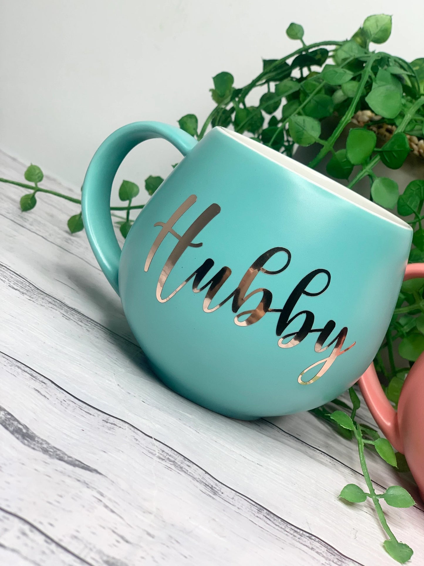 Hubby and wifey Coral and Aqua Hug mug set 450ml