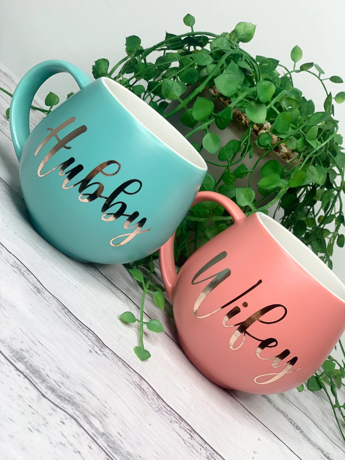 Hubby and wifey Coral and Aqua Hug mug set 450ml