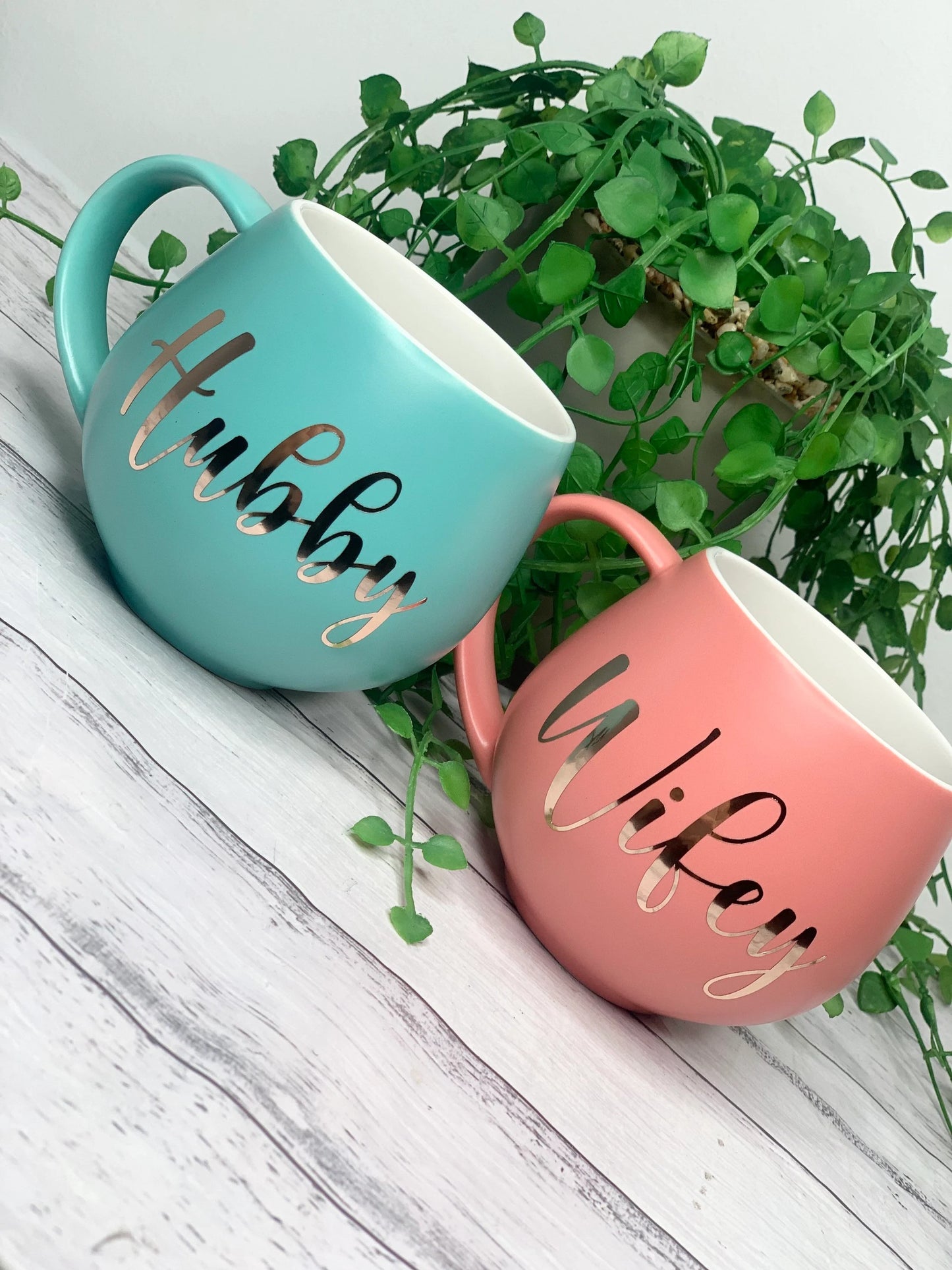 Hubby and wifey Coral and Aqua Hug mug set 450ml