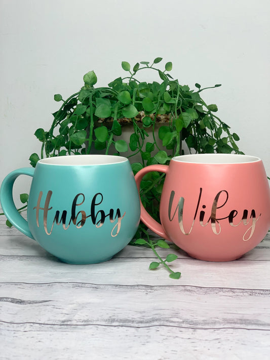 Hubby and wifey Coral and Aqua Hug mug set 450ml