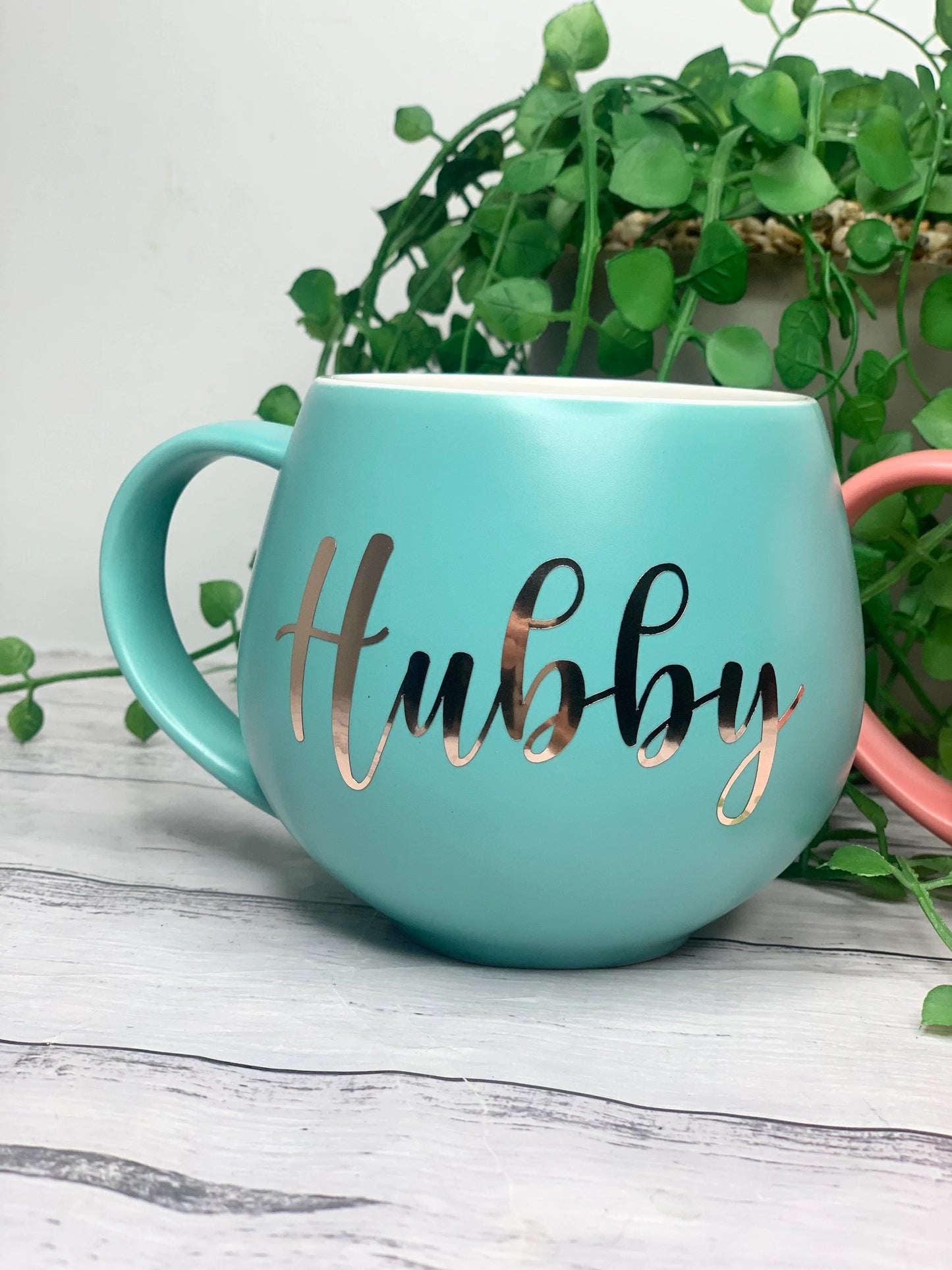 Hubby and wifey Coral and Aqua Hug mug set 450ml