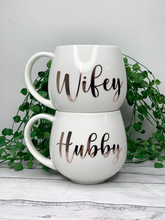 Hubby and wifey white with Rose gold Hug mug set 450ml