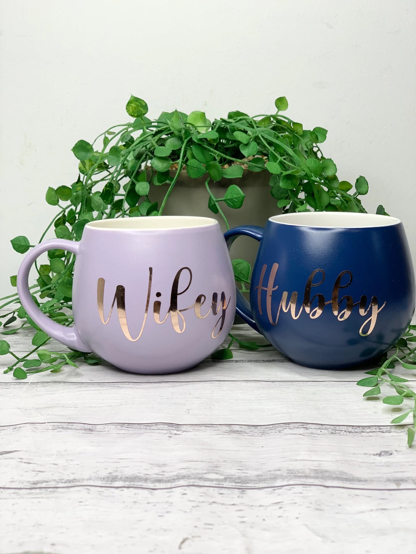 Hubby and wifey Purple and Navy hug mug set  450ml couple set