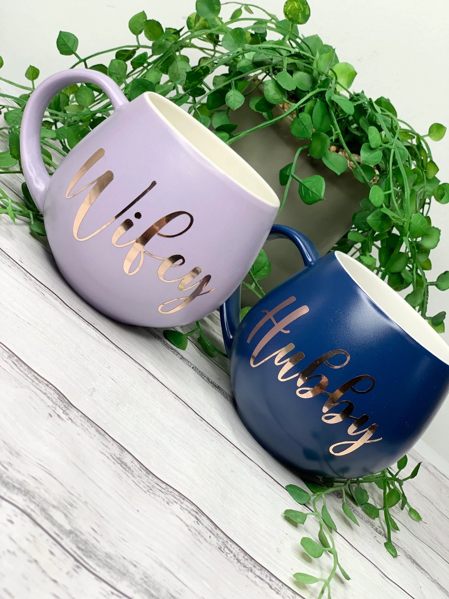 Hubby and wifey Purple and Navy hug mug set  450ml couple set