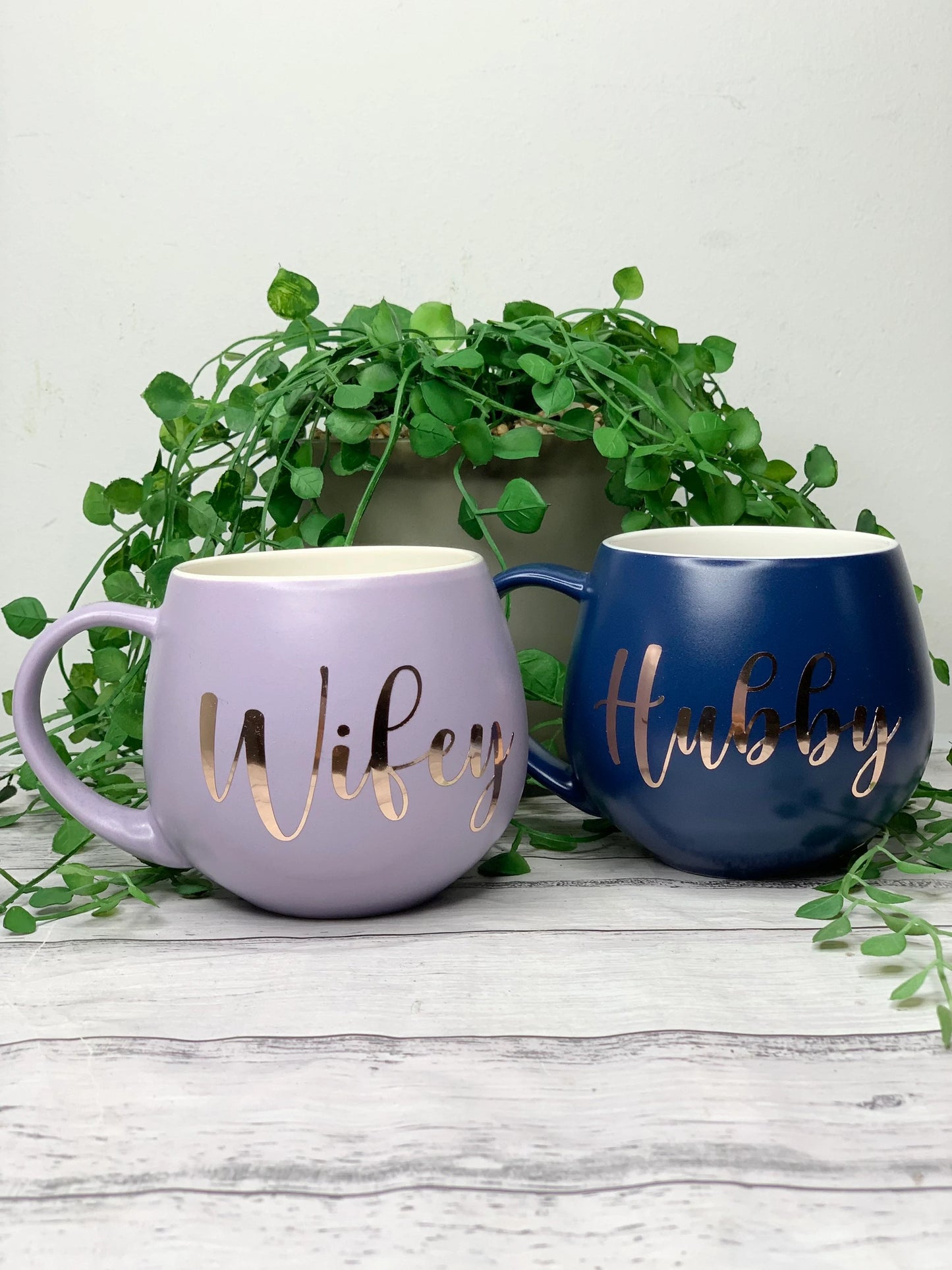 Hubby and wifey Purple and Navy hug mug set  450ml couple set
