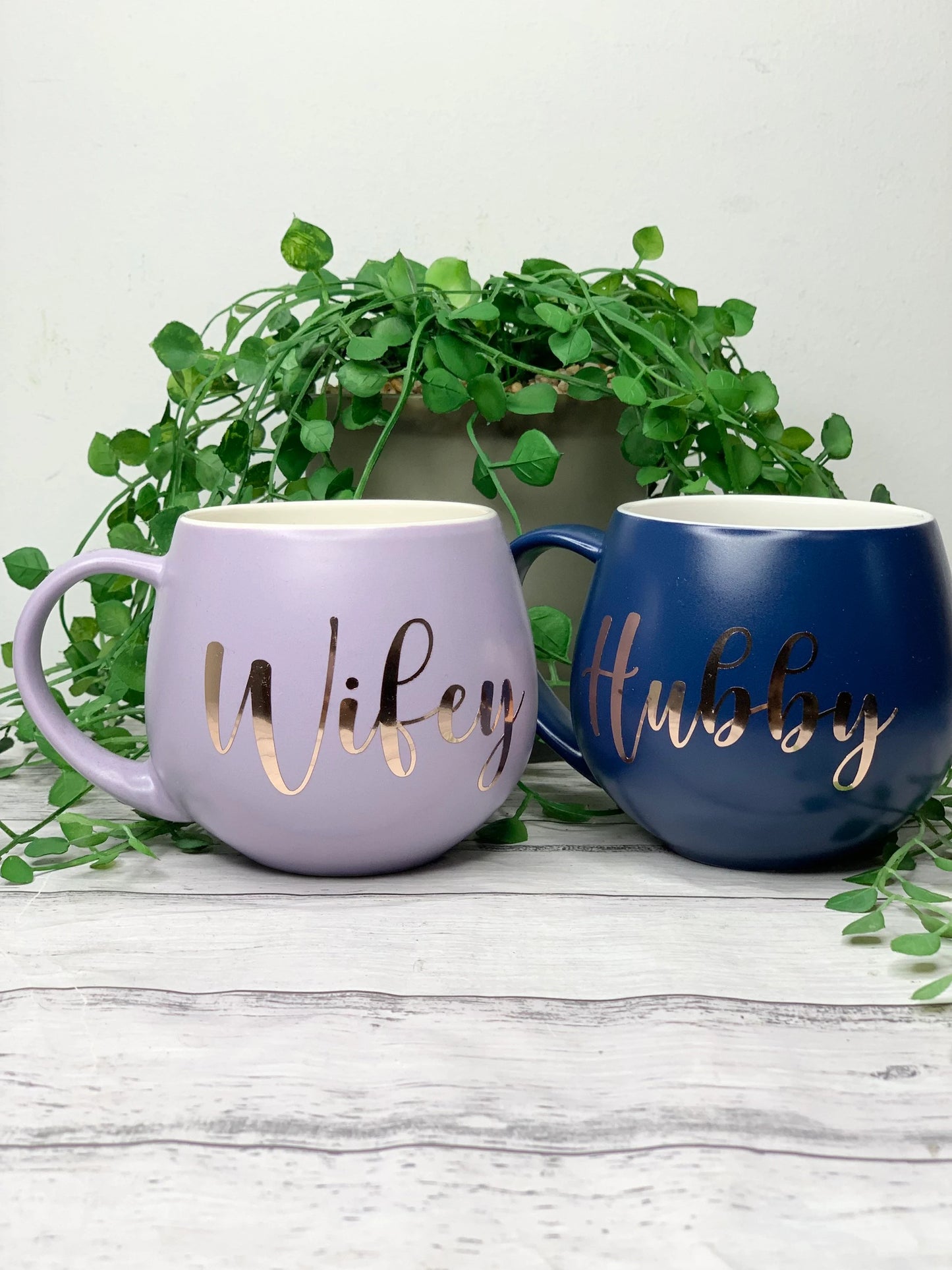 Hubby and wifey Purple and Navy hug mug set  450ml couple set