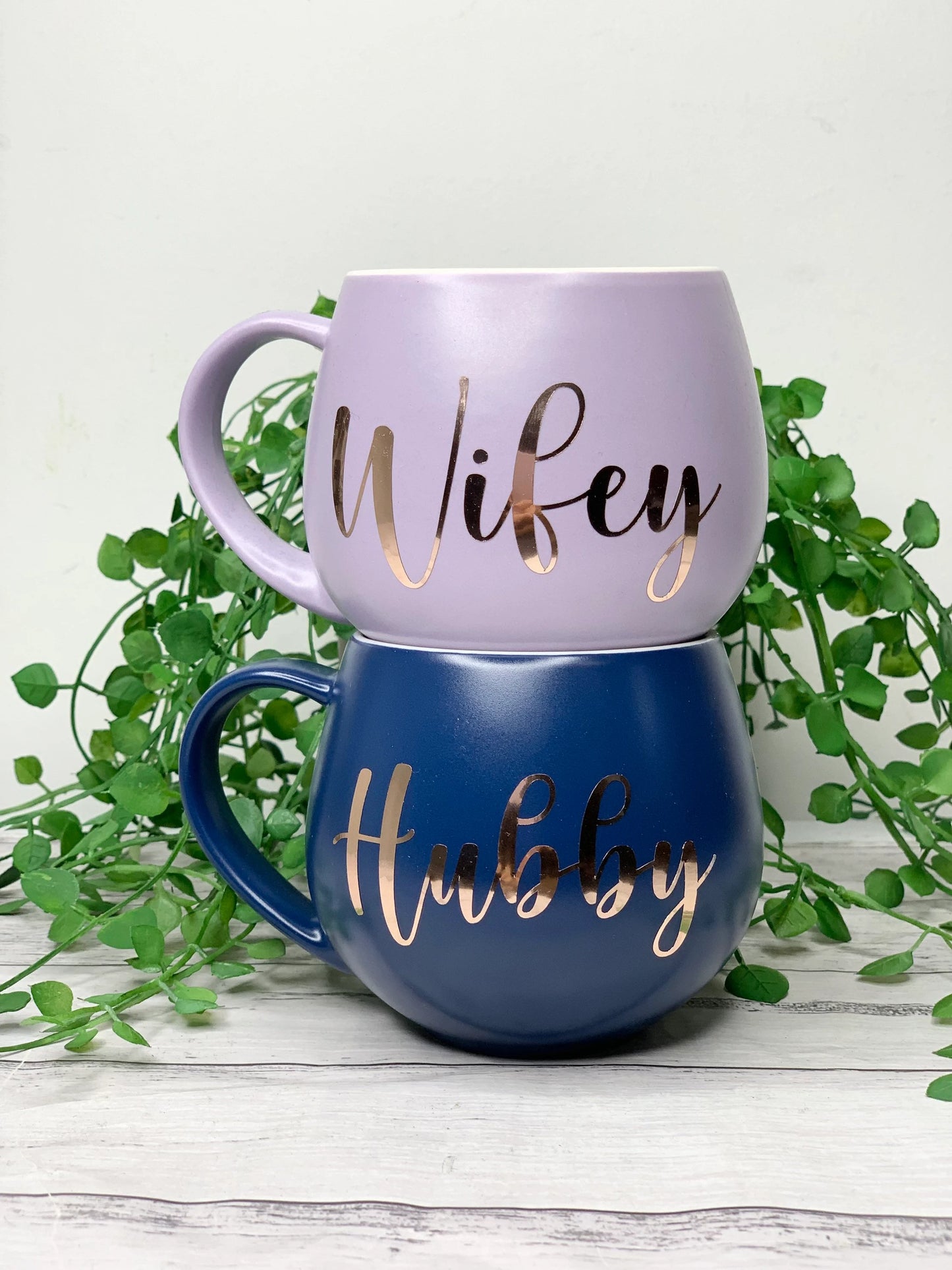 Hubby and wifey Purple and Navy hug mug set  450ml couple set