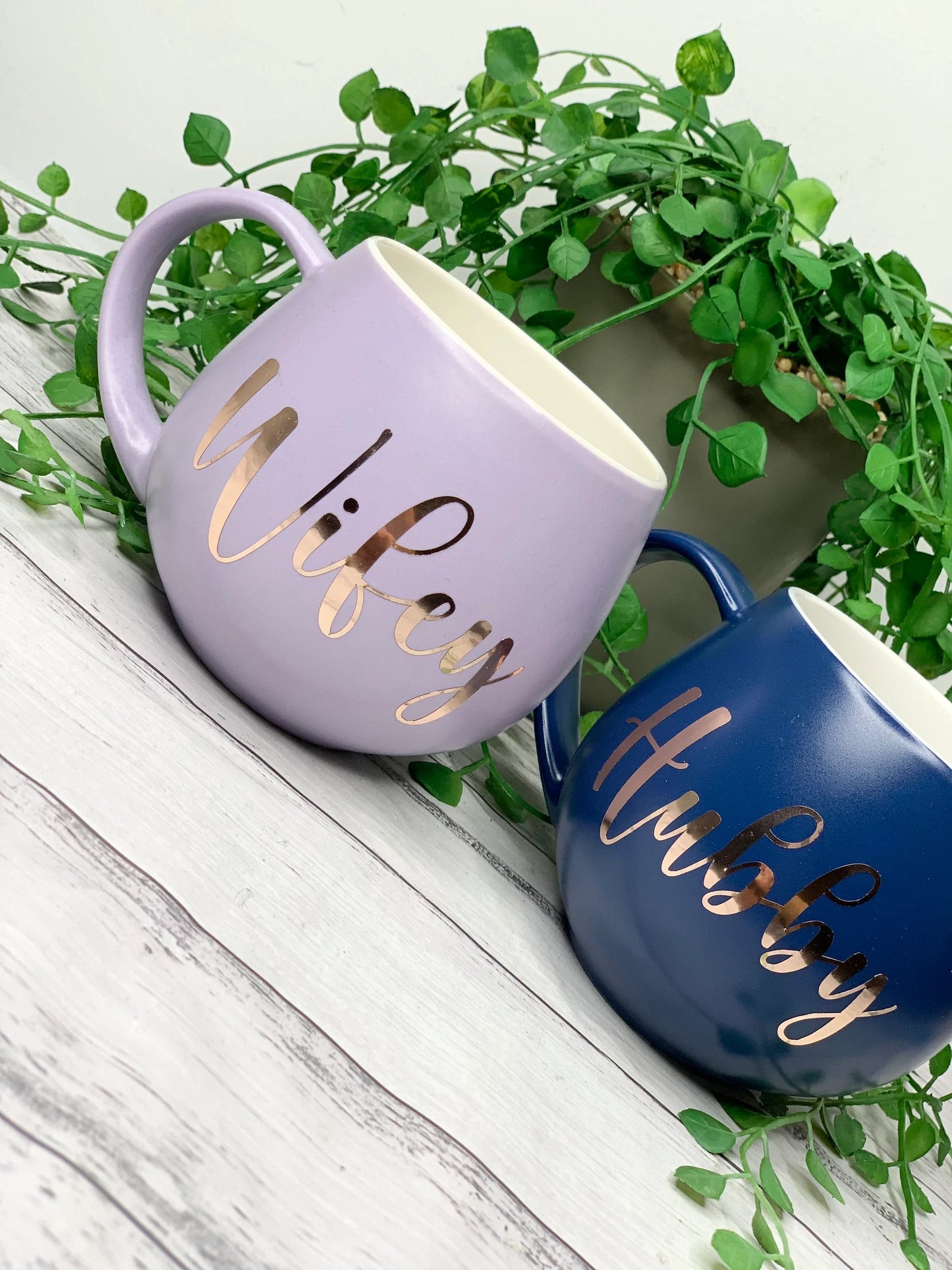 Hubby and wifey Purple and Navy hug mug set  450ml couple set