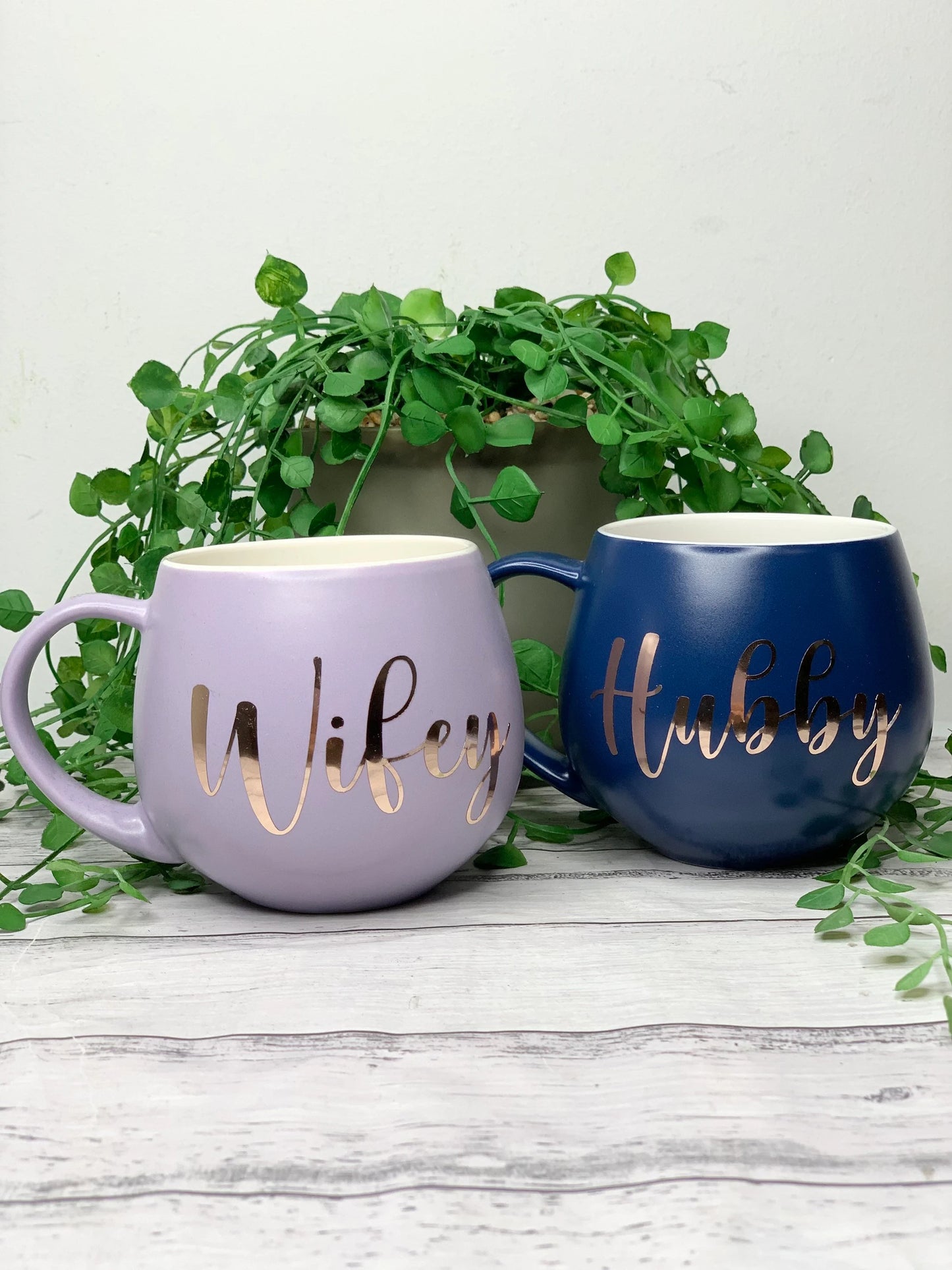 Hubby and wifey Purple and Navy hug mug set  450ml couple set