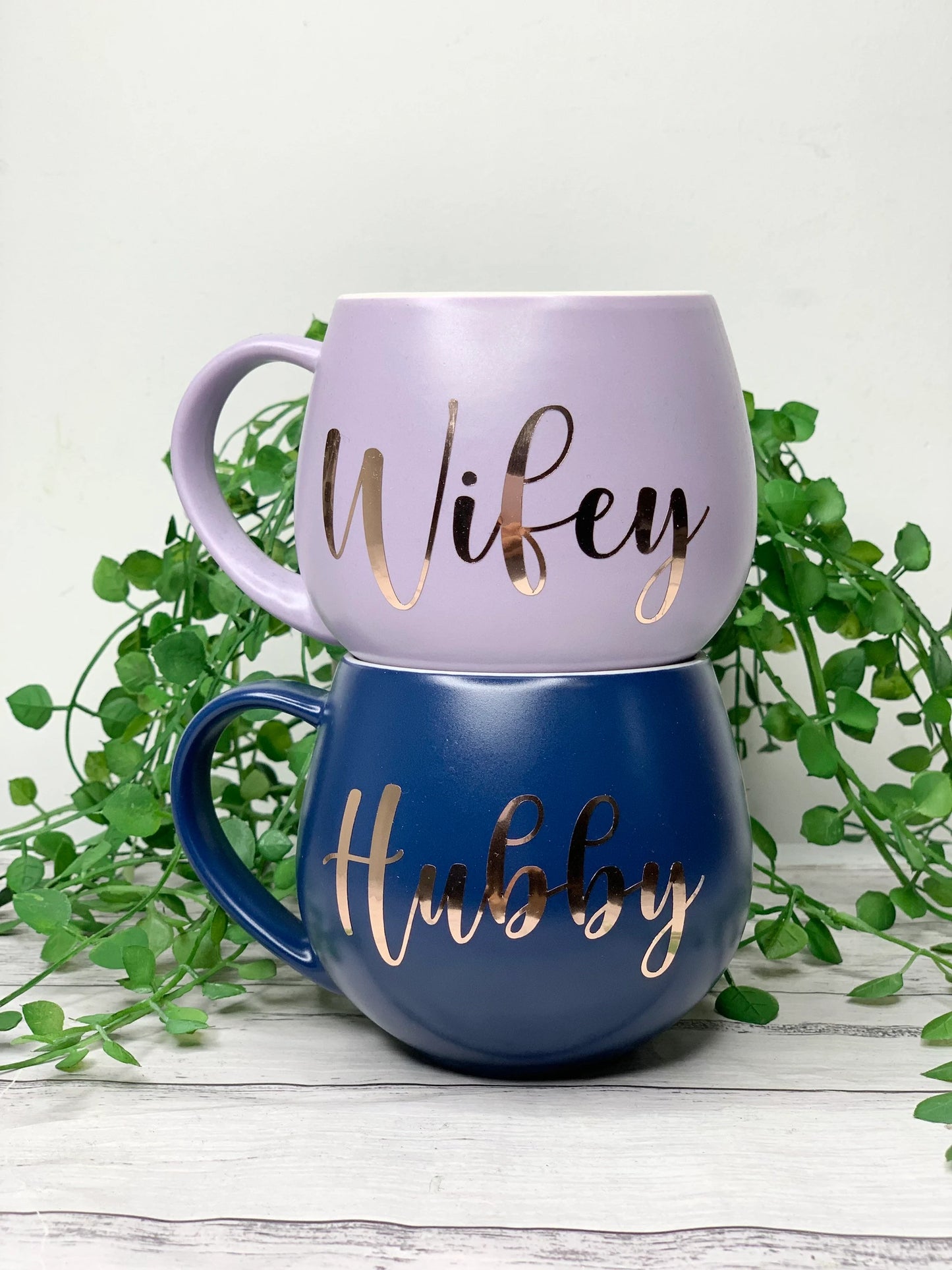 Hubby and wifey Purple and Navy hug mug set  450ml couple set