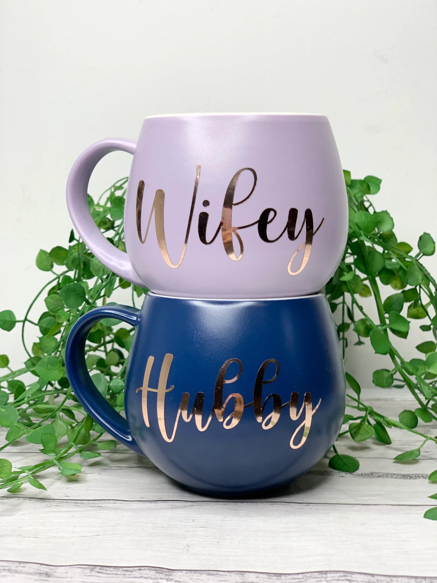 Hubby and wifey Purple and Navy hug mug set  450ml couple set