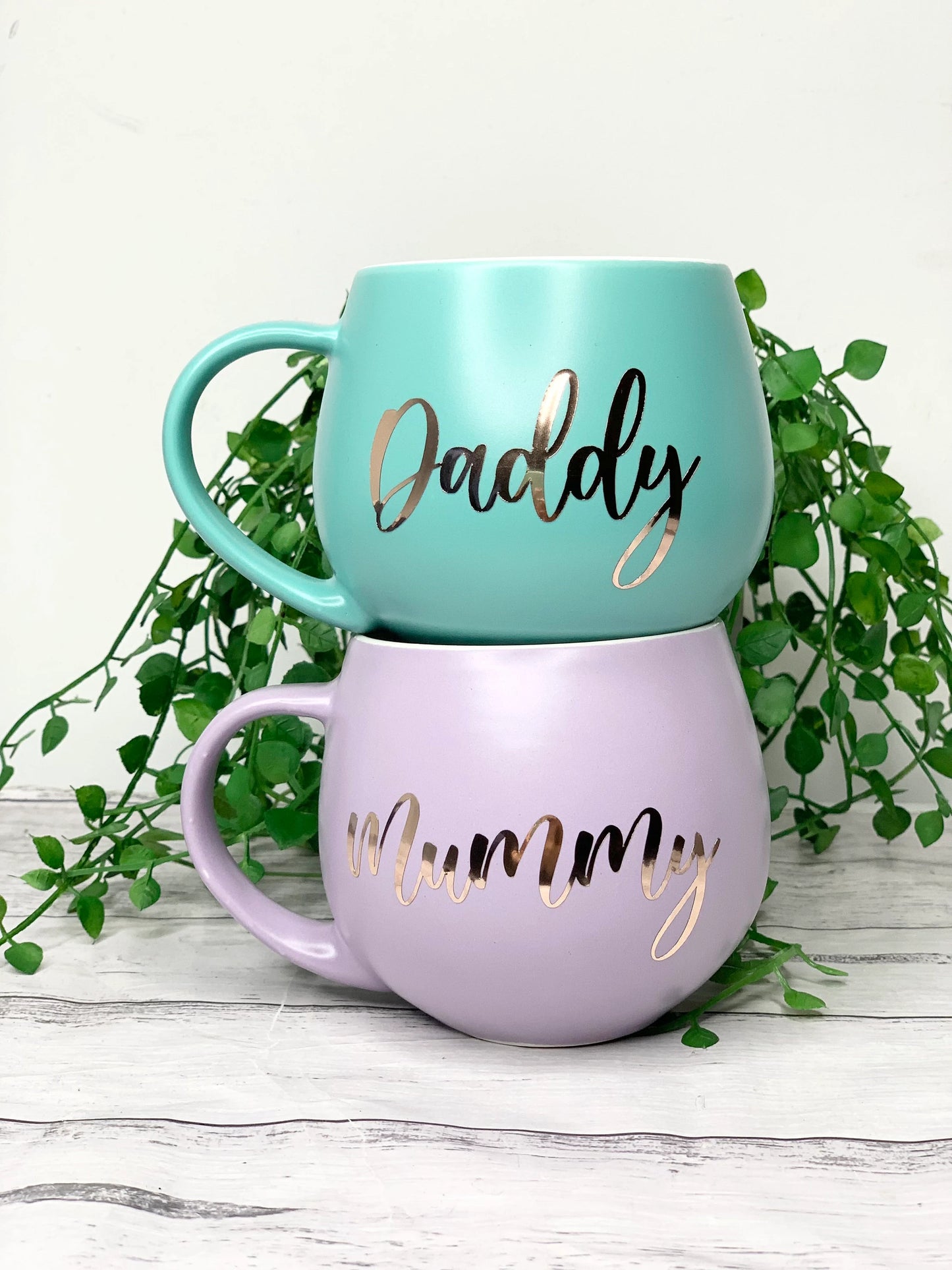 Mummy and Daddy  Purple and Aqua hug mug set  450ml couple set