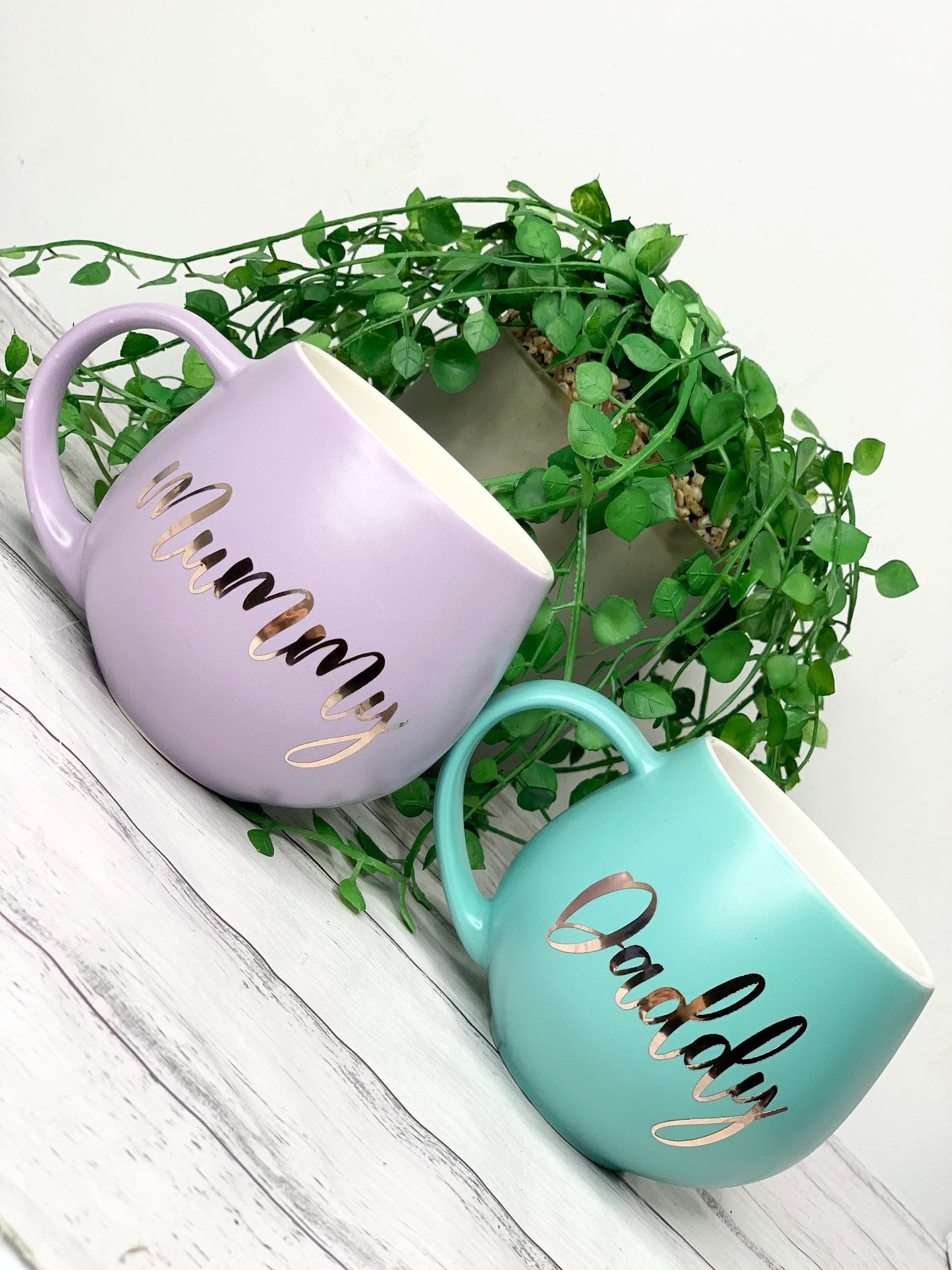 Mummy and Daddy  Purple and Aqua hug mug set  450ml couple set