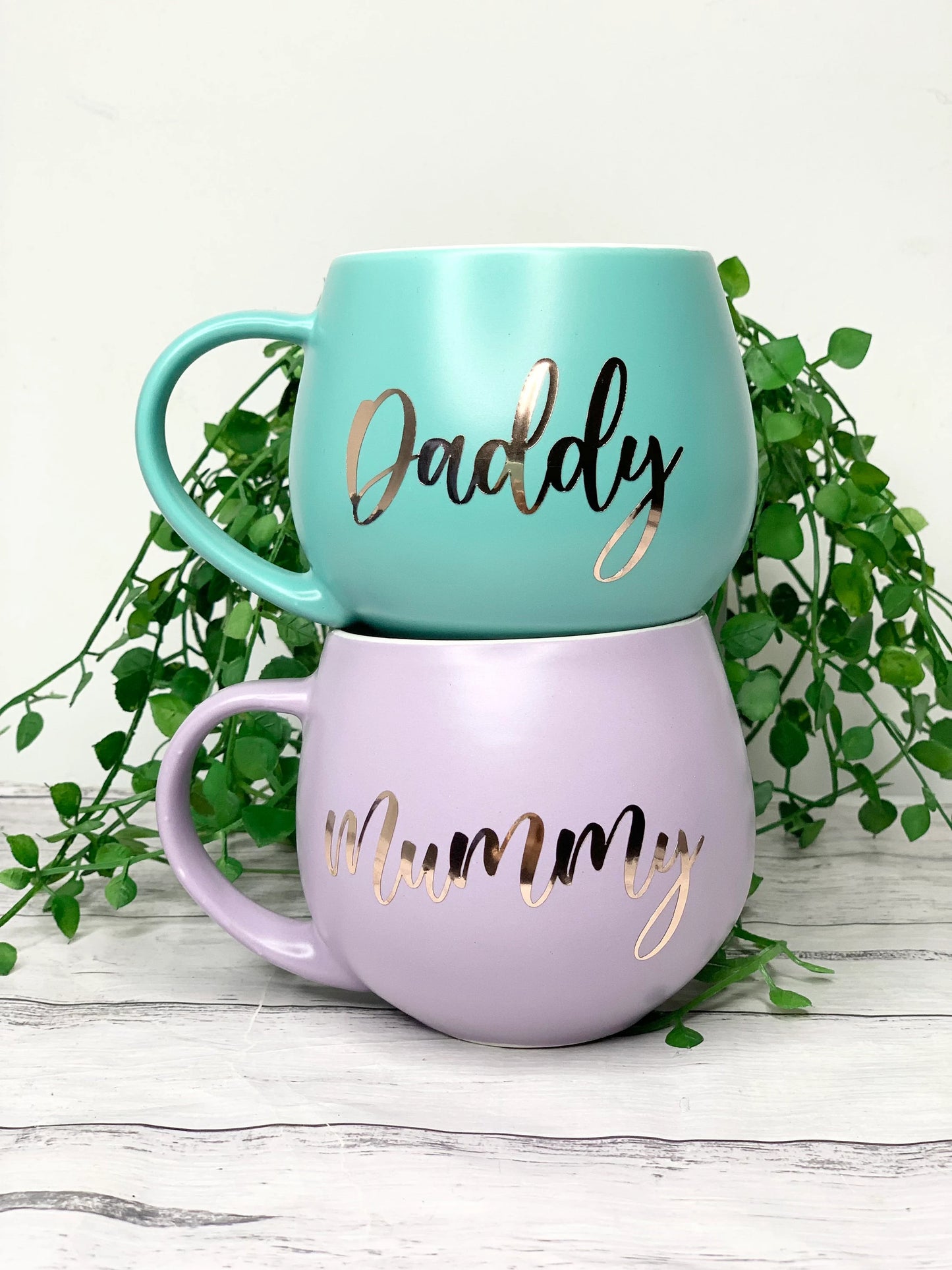 Mummy and Daddy  Purple and Aqua hug mug set  450ml couple set