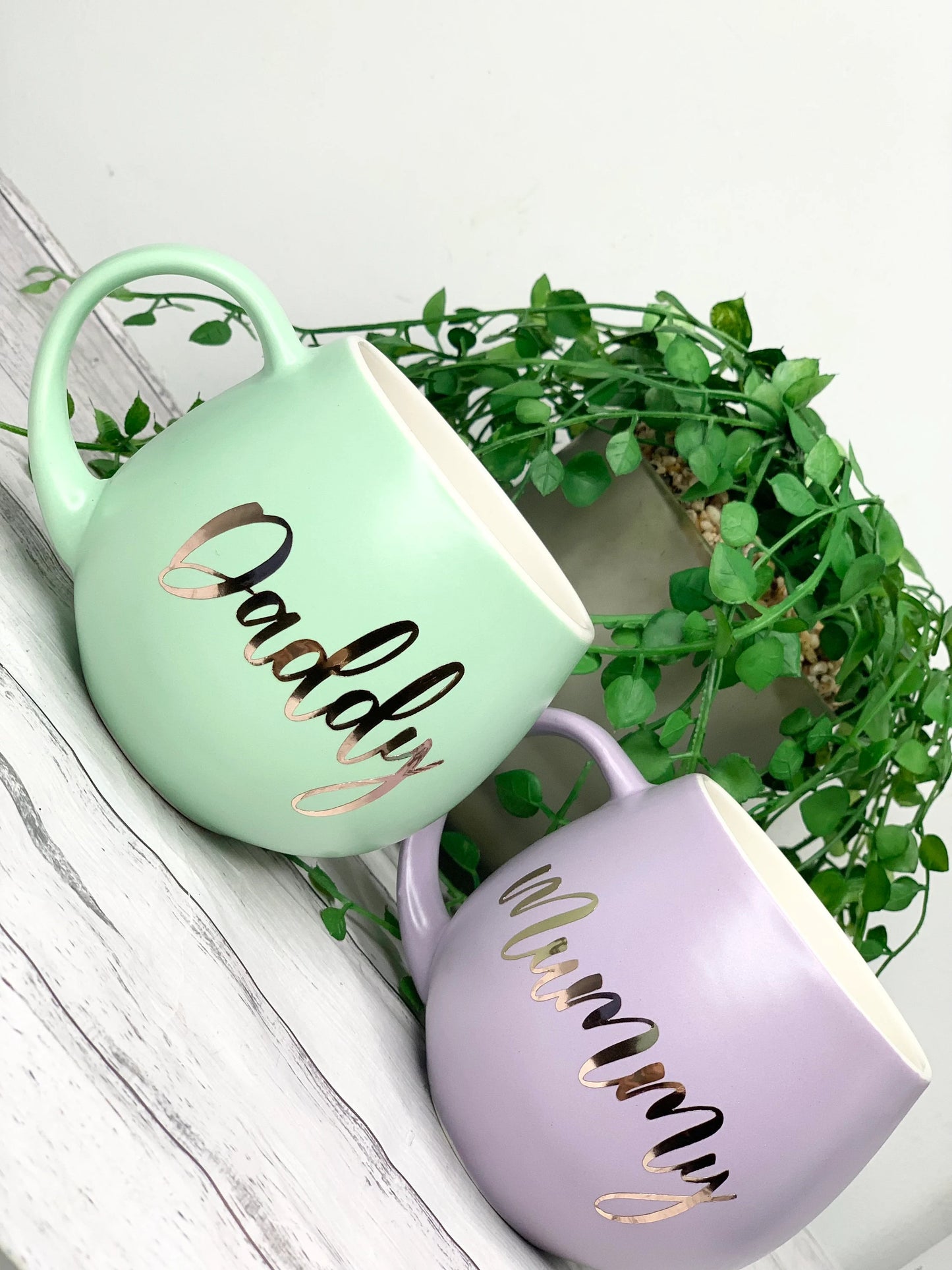 Mummy and Daddy Purple and Lime hug mug set  450ml couple set