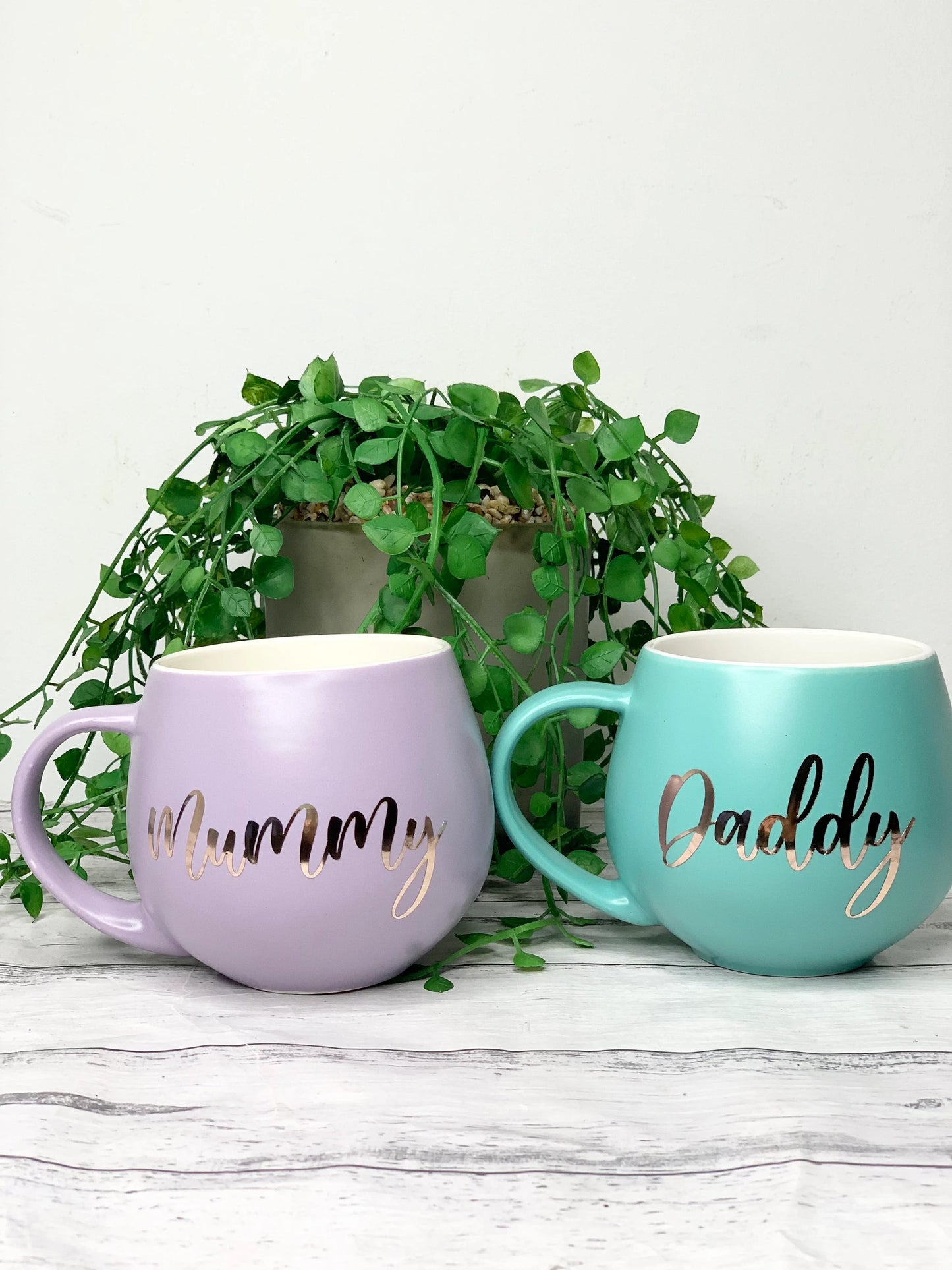 Mummy and Daddy  Purple and Aqua hug mug set  450ml couple set