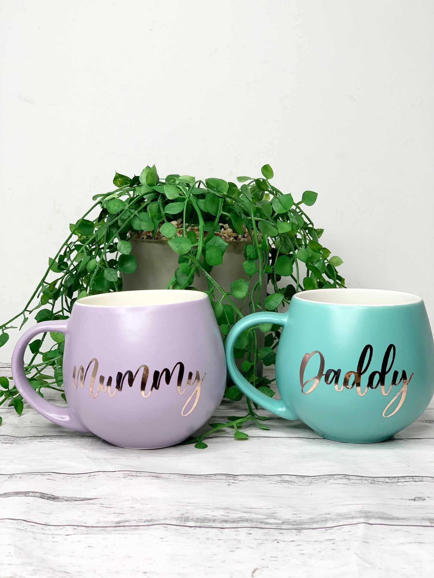 Mummy and Daddy  Purple and Aqua hug mug set  450ml couple set