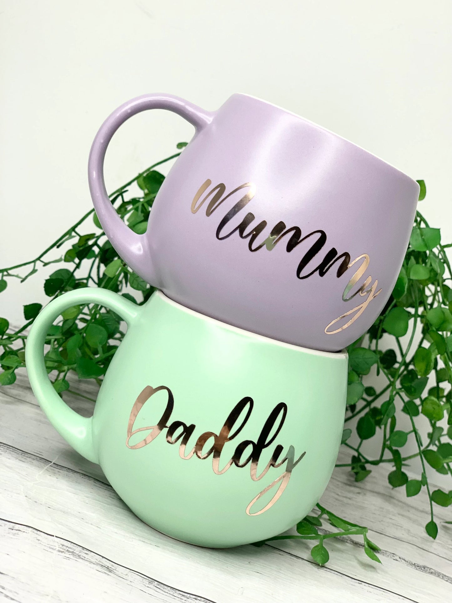 Mummy and Daddy Purple and Lime hug mug set  450ml couple set