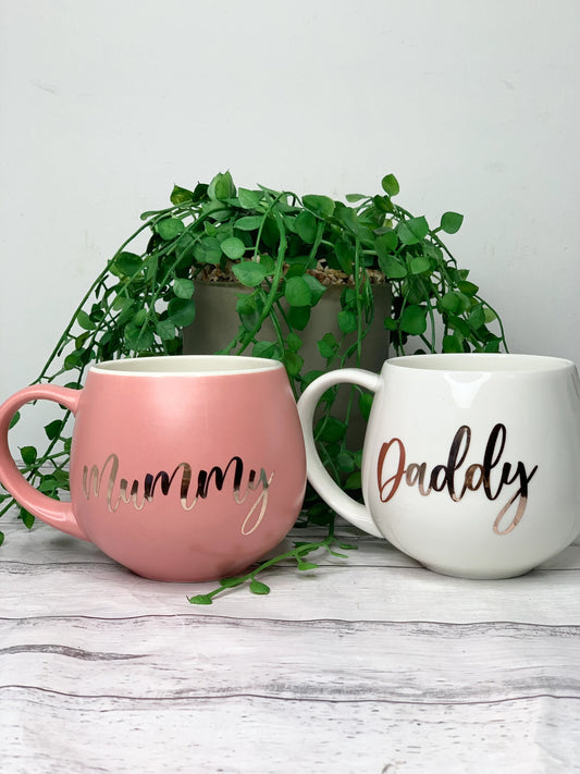 Mummy and Daddy Coral and white  hug mug set  450ml couple set