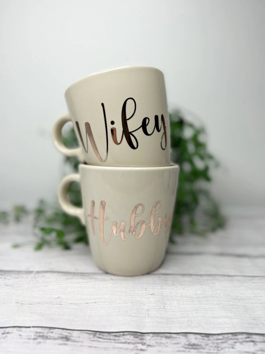 Hubby and wifey mug couple set Cream set with rose gold writing  coffee cup