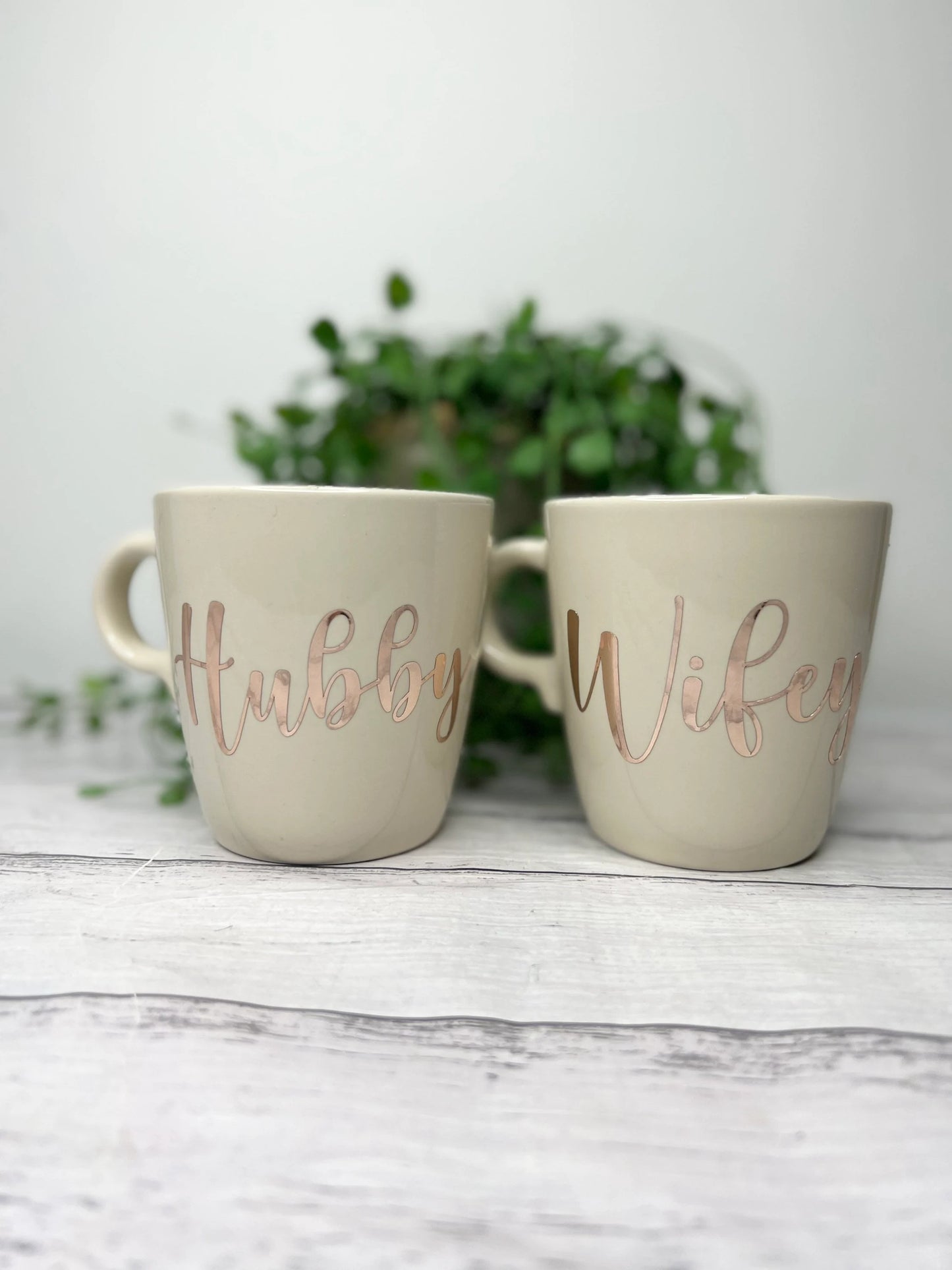 Hubby and wifey mug couple set Cream set with rose gold writing  coffee cup
