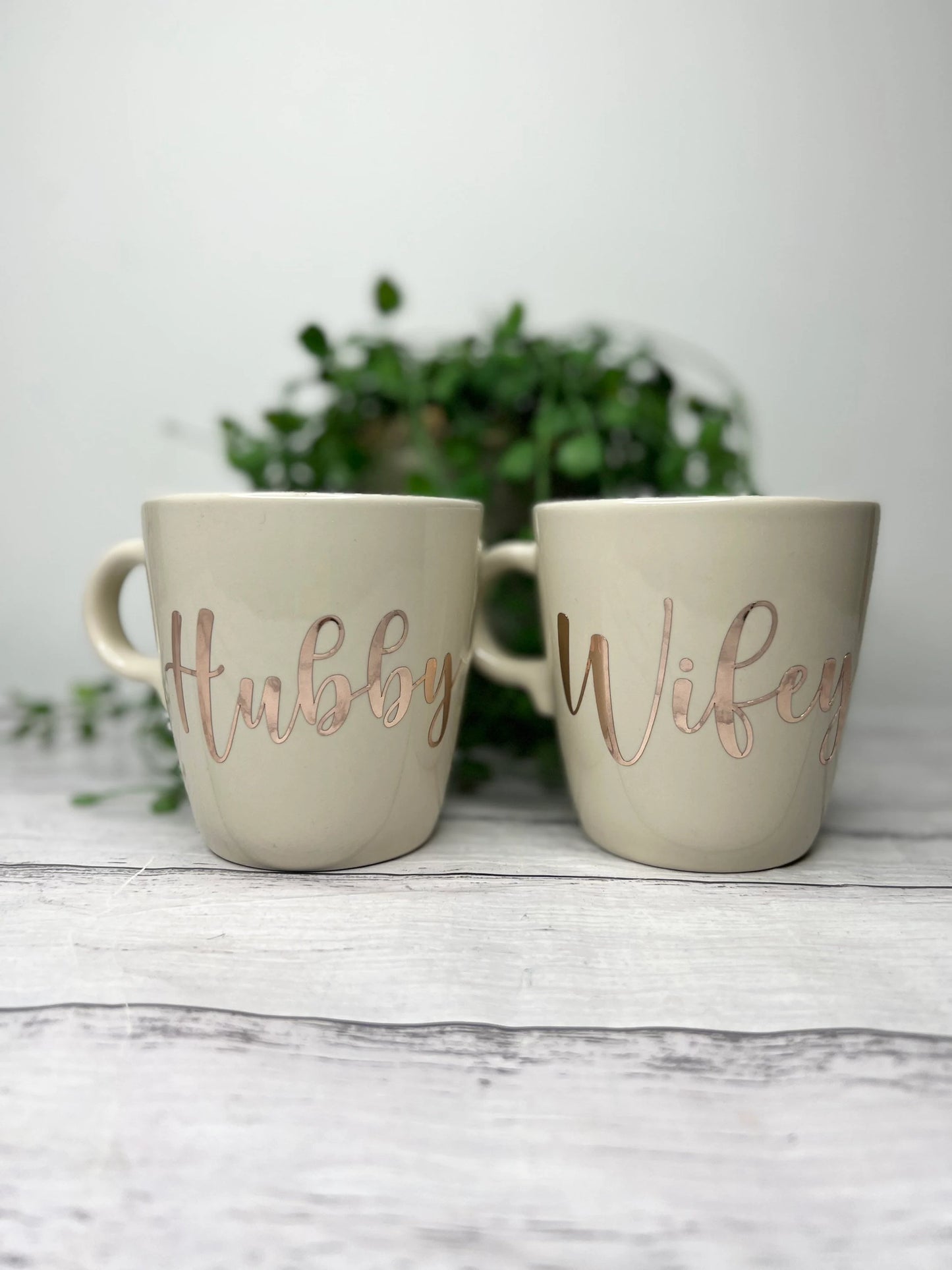 Hubby and wifey mug couple set Cream set with rose gold writing  coffee cup