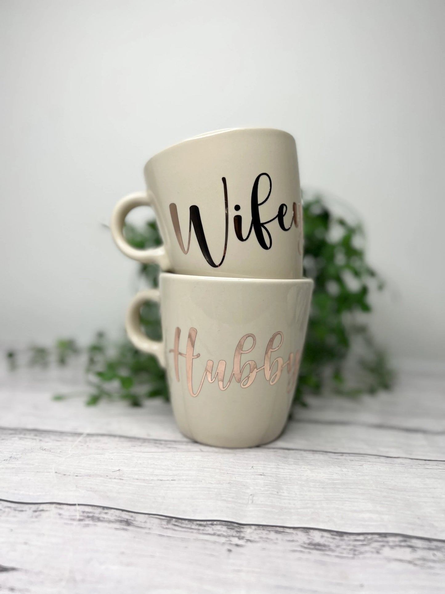 Hubby and wifey mug couple set Cream set with rose gold writing  coffee cup