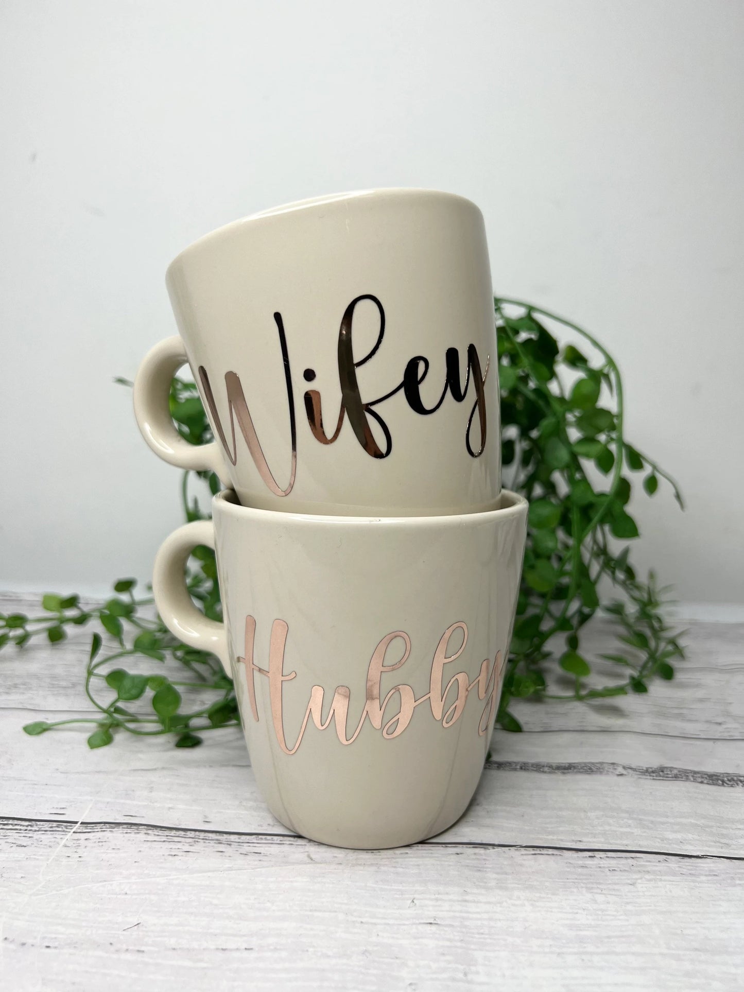 Hubby and wifey mug couple set Cream set with rose gold writing  coffee cup