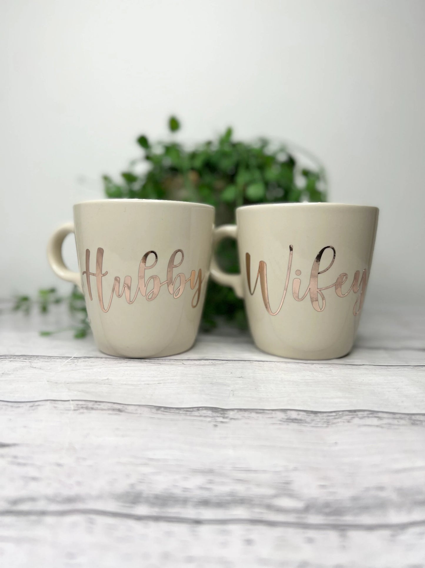 Hubby and wifey mug couple set Cream set with rose gold writing  coffee cup