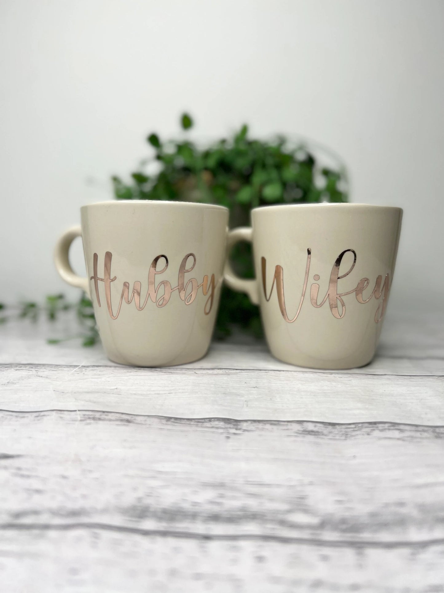 Hubby and wifey mug couple set Cream set with rose gold writing  coffee cup