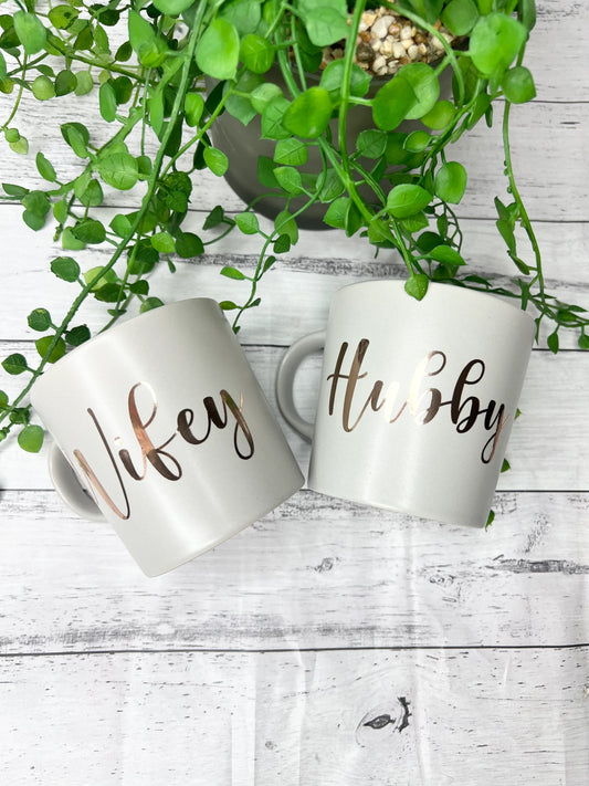 Hubby and wifey mug Grey Rose gold metallic set