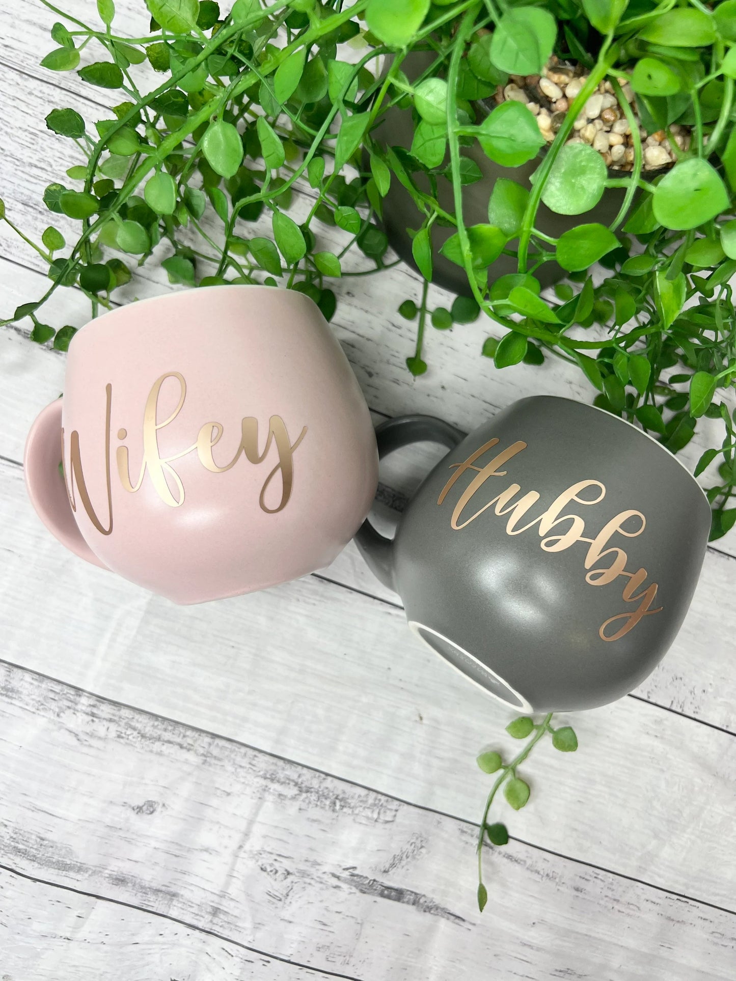 Hubby and wifey Pink and Charcoal with rose gold matte writing Hug mug set 450ml