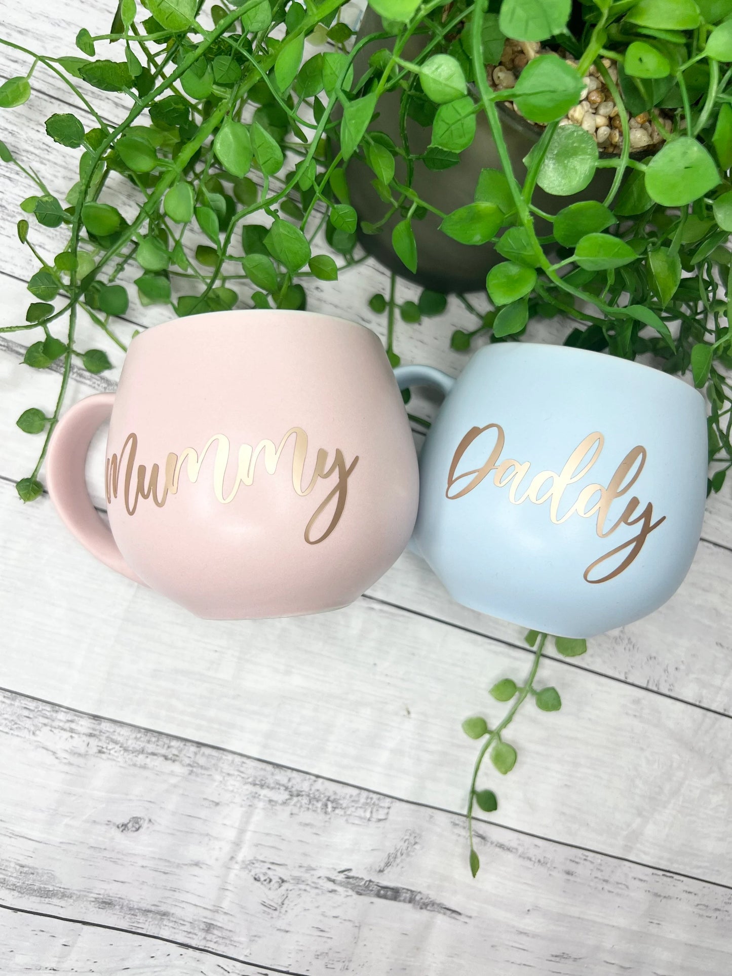 Mummy and Daddy Pink and Blue with Rose gold matte writing  Hug mugs set 450ml