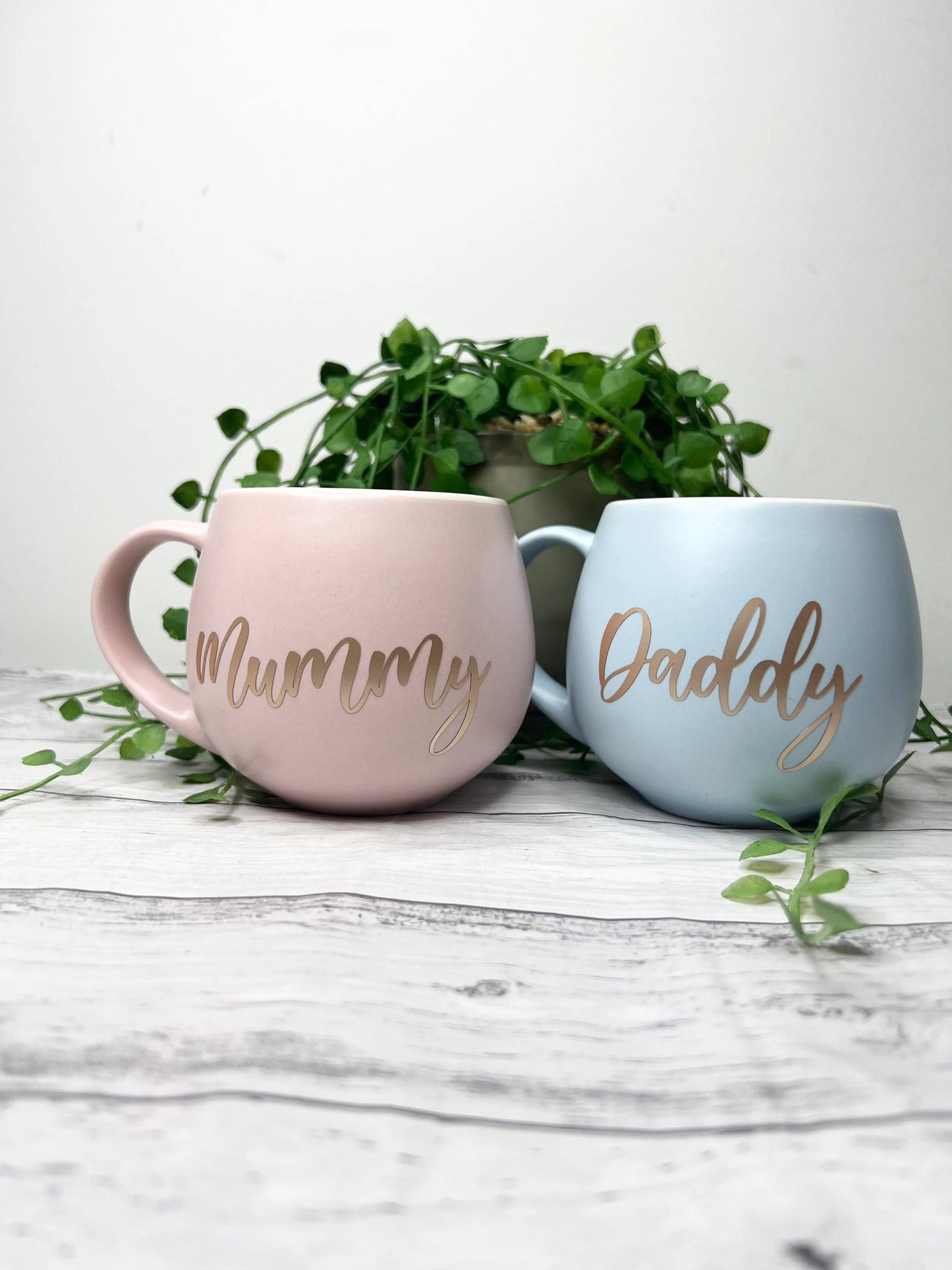 Mummy and Daddy Pink and Blue with Rose gold matte writing  Hug mugs set 450ml