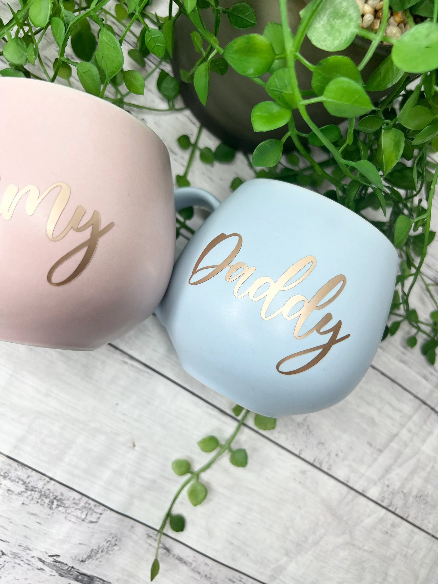 Mummy and Daddy Pink and Blue with Rose gold matte writing  Hug mugs set 450ml