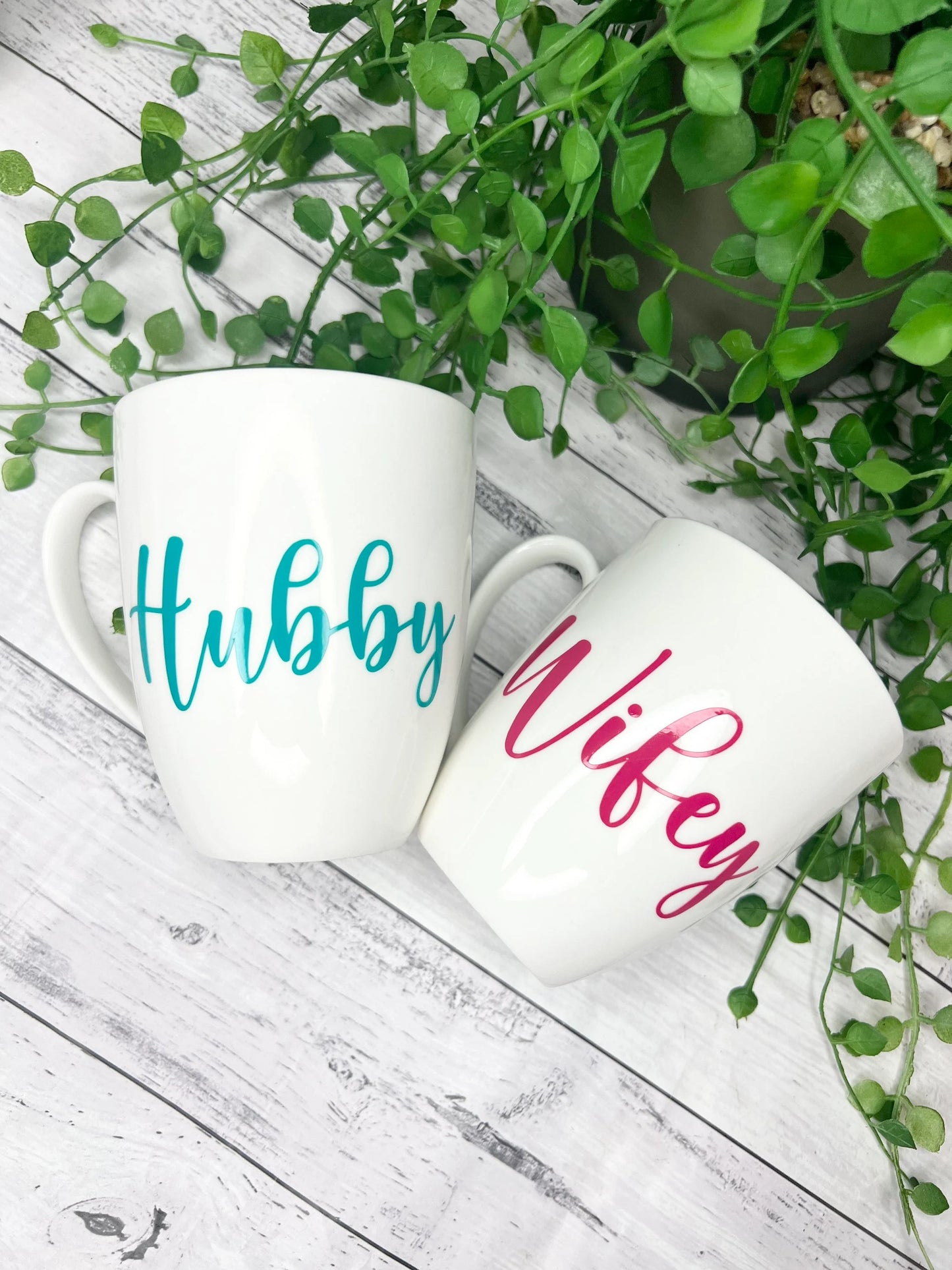 Hubby and Wifey Magenta and Teal writing 450ml mugs coffee cups parents