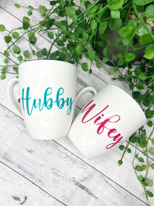 Hubby and Wifey Magenta and Teal writing 450ml mugs coffee cups parents