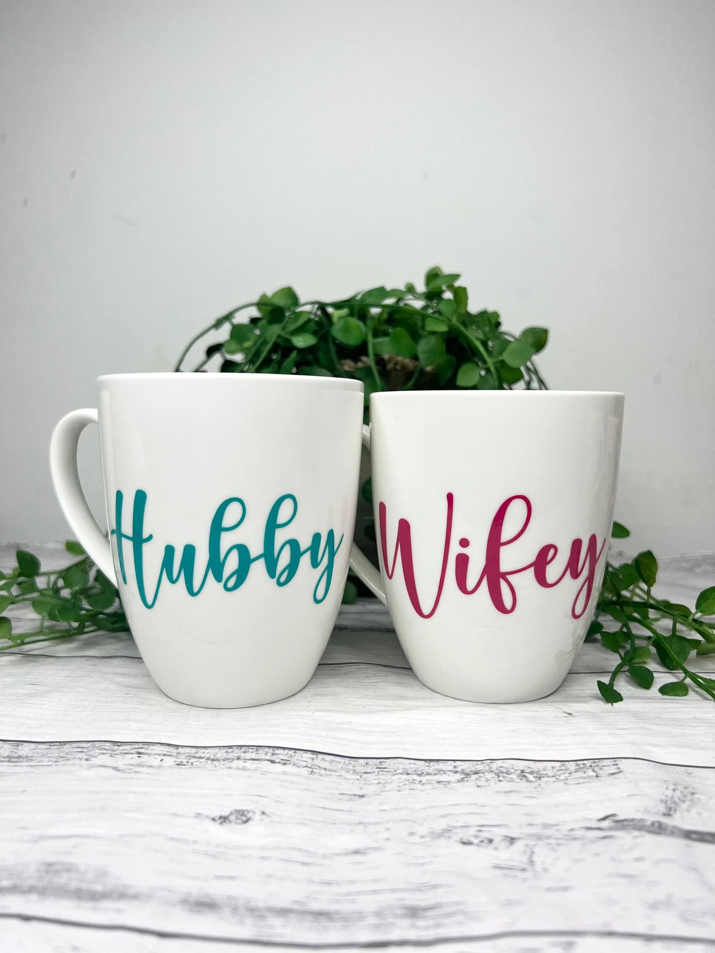 Hubby and Wifey Magenta and Teal writing 450ml mugs coffee cups parents