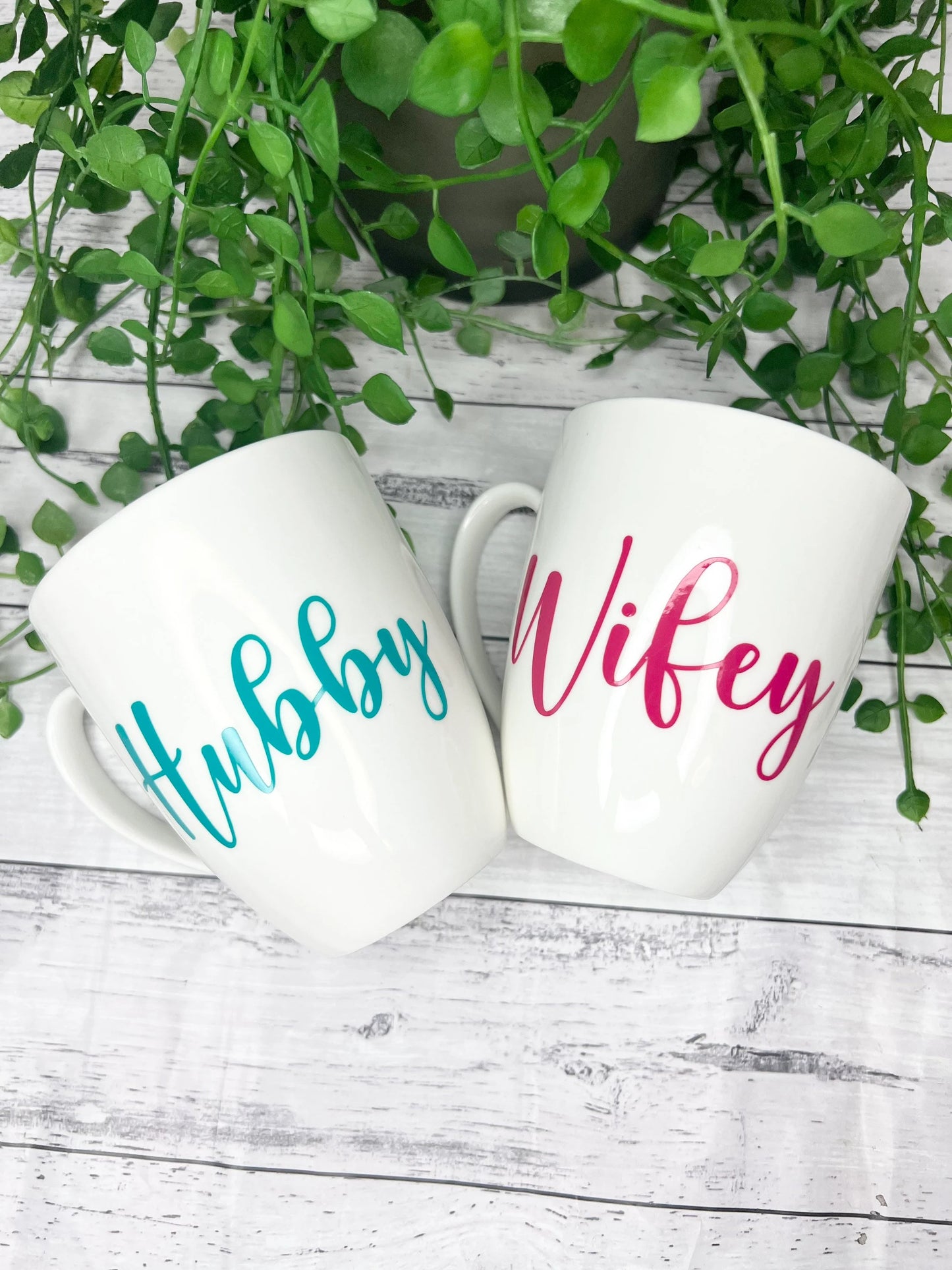 Hubby and Wifey Magenta and Teal writing 450ml mugs coffee cups parents