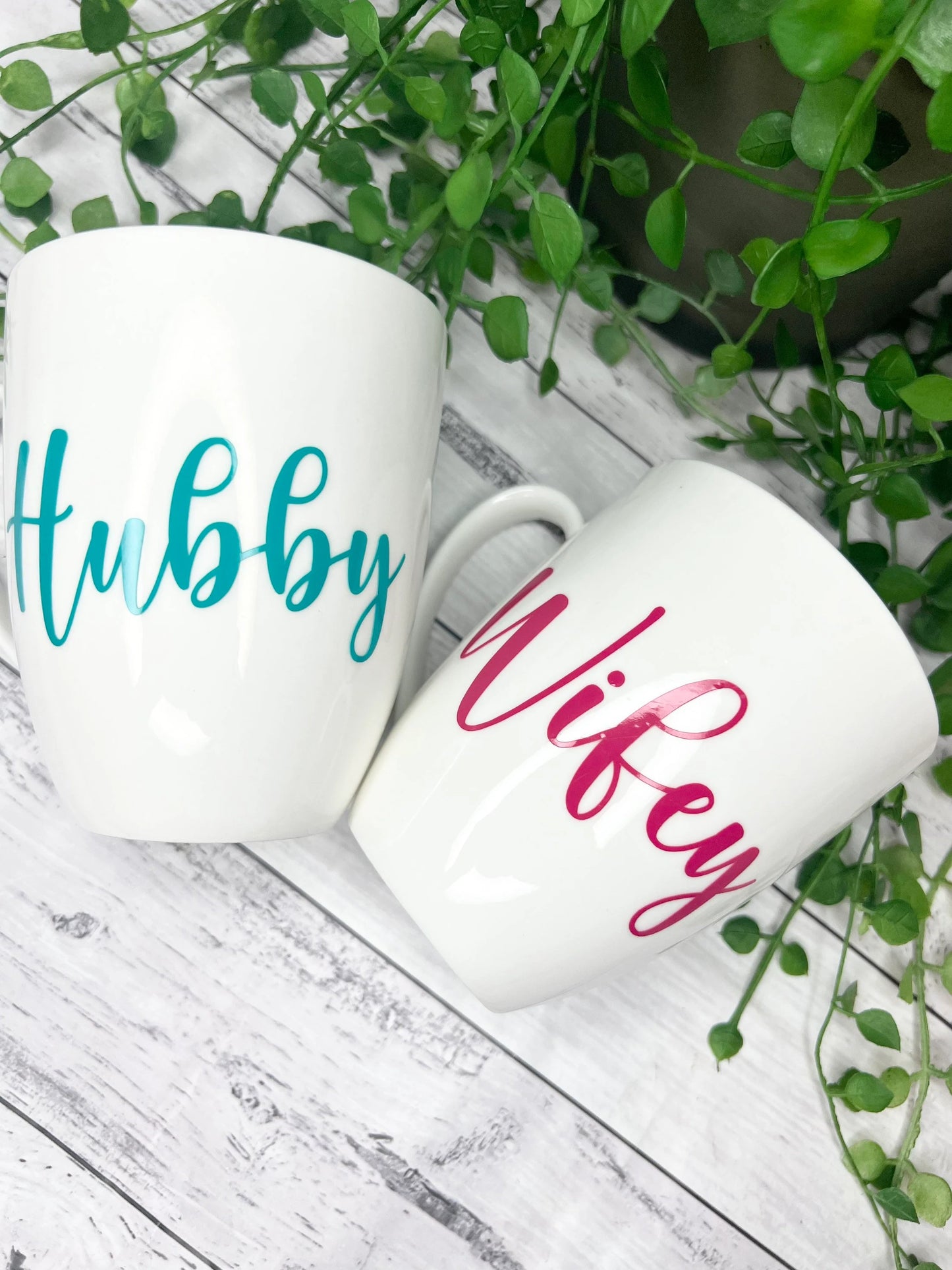 Hubby and Wifey Magenta and Teal writing 450ml mugs coffee cups parents