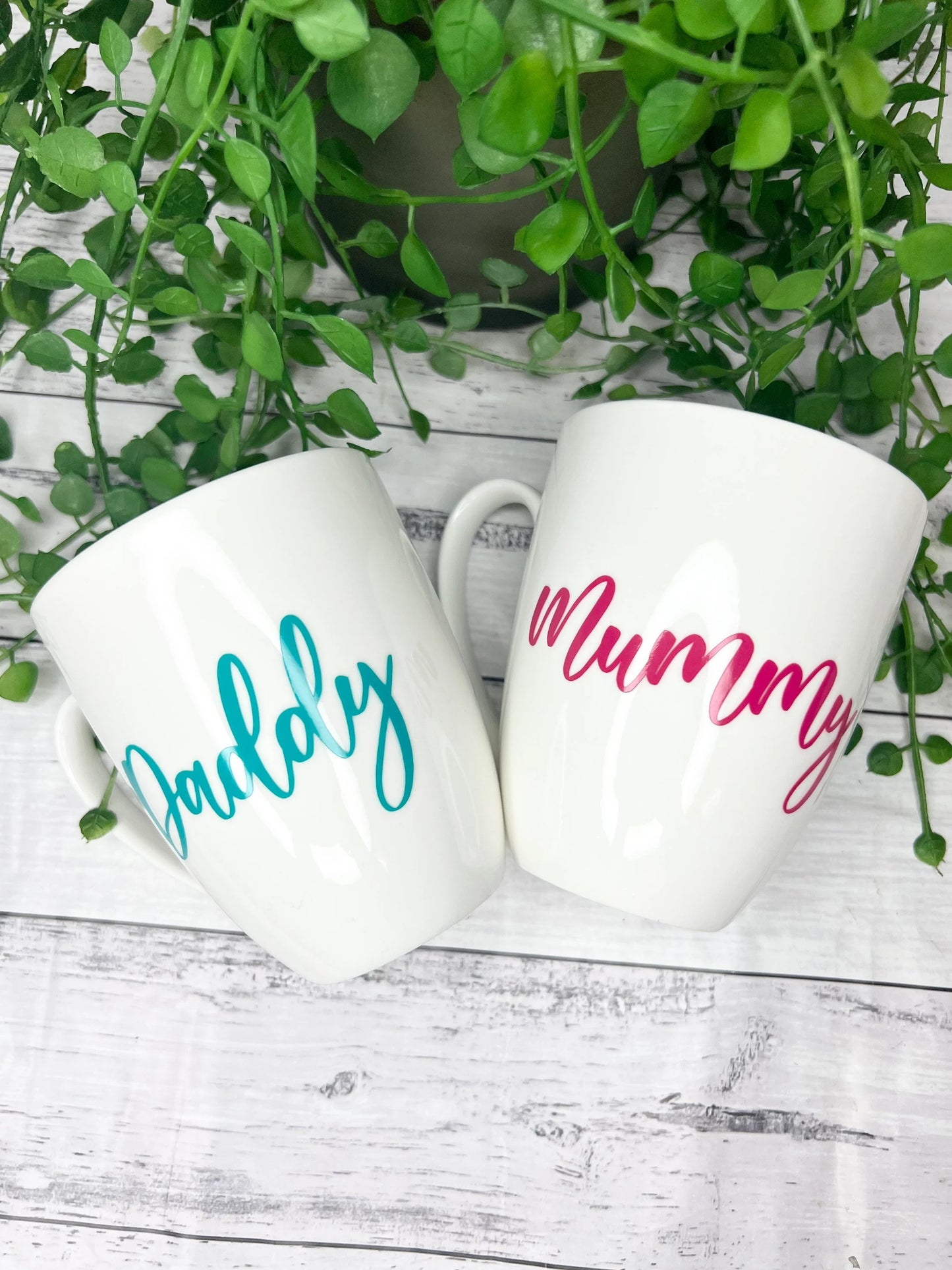 Mummy and Daddy Magenta and Teal writing 450ml  mugs coffee cups parents