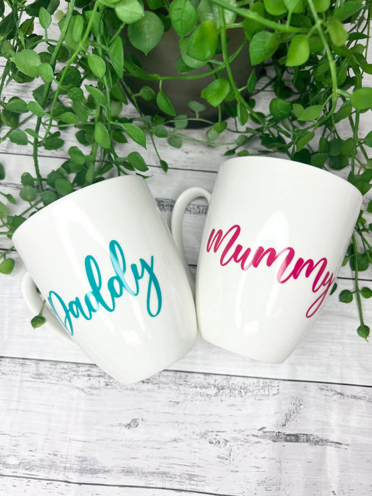 Mummy and Daddy Magenta and Teal writing 450ml  mugs coffee cups parents