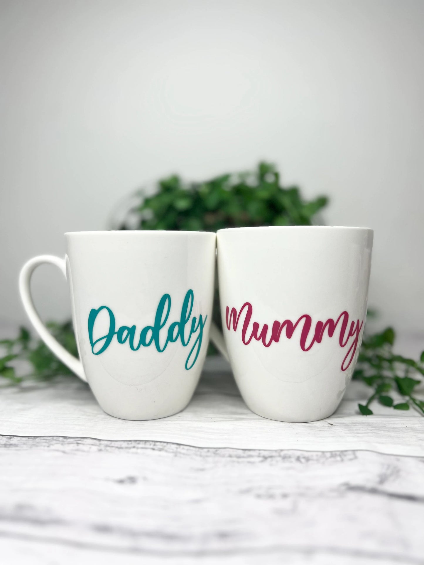 Mummy and Daddy Magenta and Teal writing 450ml  mugs coffee cups parents