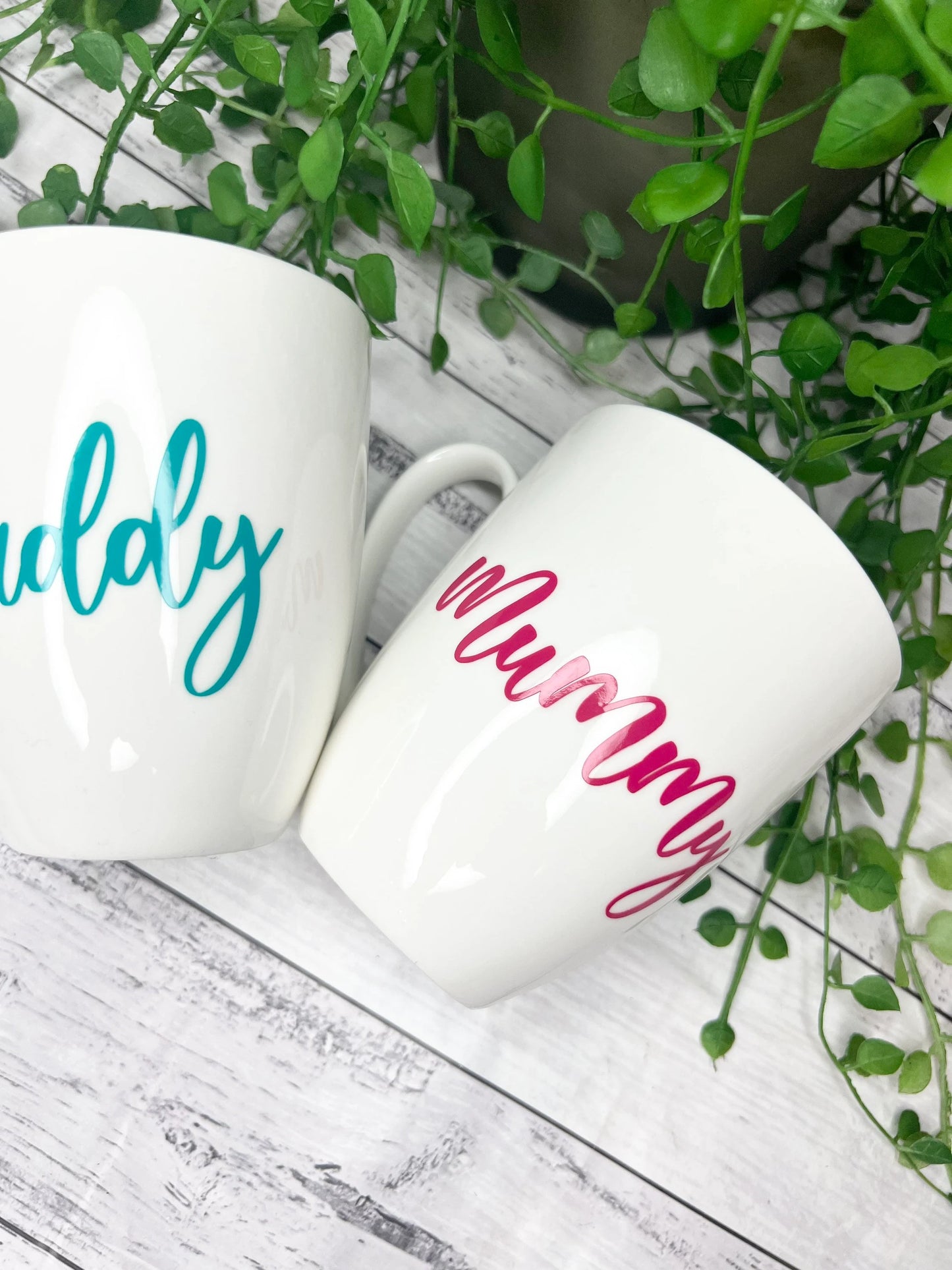 Mummy and Daddy Magenta and Teal writing 450ml  mugs coffee cups parents