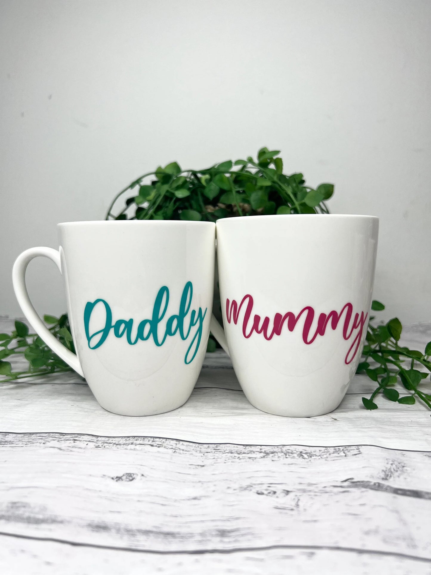 Mummy and Daddy Magenta and Teal writing 450ml  mugs coffee cups parents