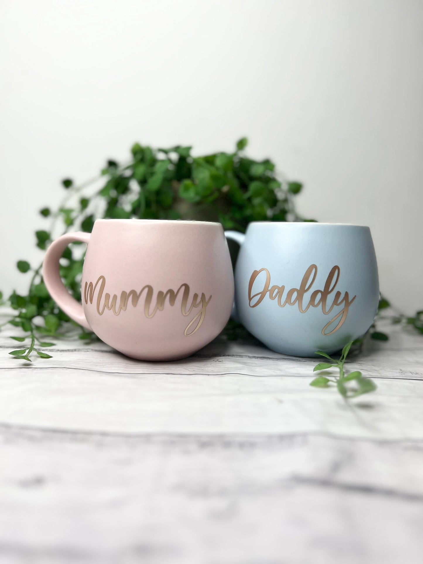 Mummy and Daddy Pink and Blue with Rose gold matte writing  Hug mugs set 450ml
