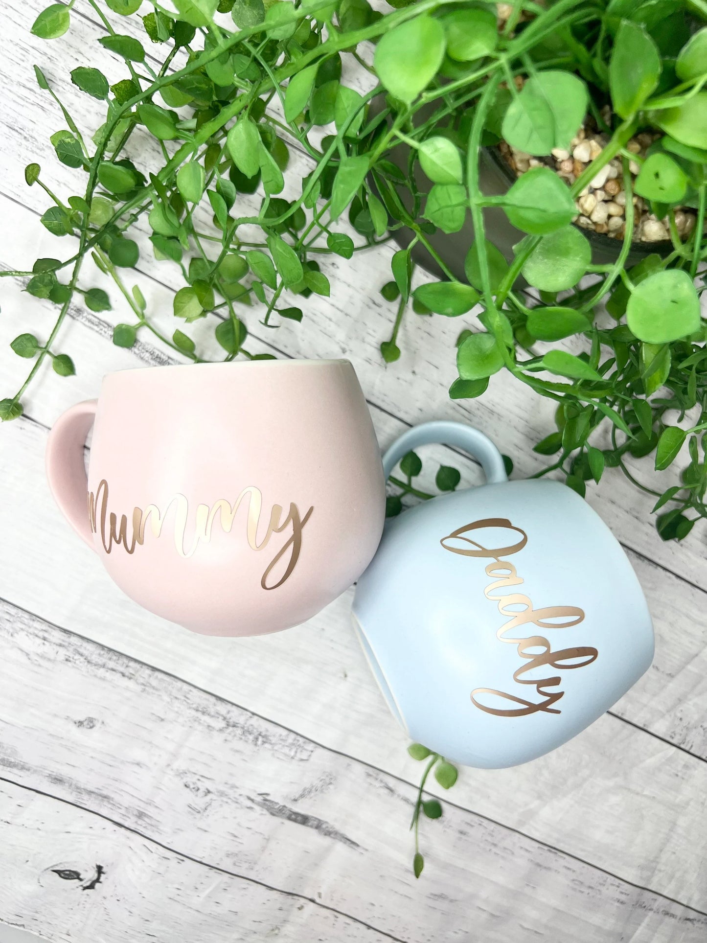 Mummy and Daddy Pink and Blue with Rose gold matte writing  Hug mugs set 450ml