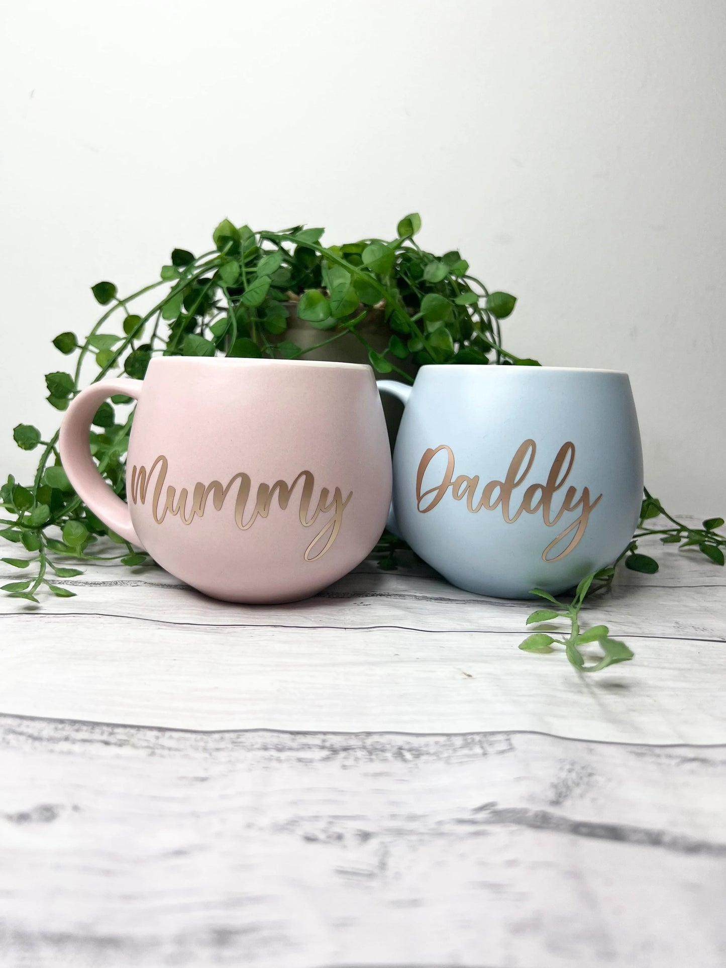 Mummy and Daddy Pink and Blue with Rose gold matte writing  Hug mugs set 450ml